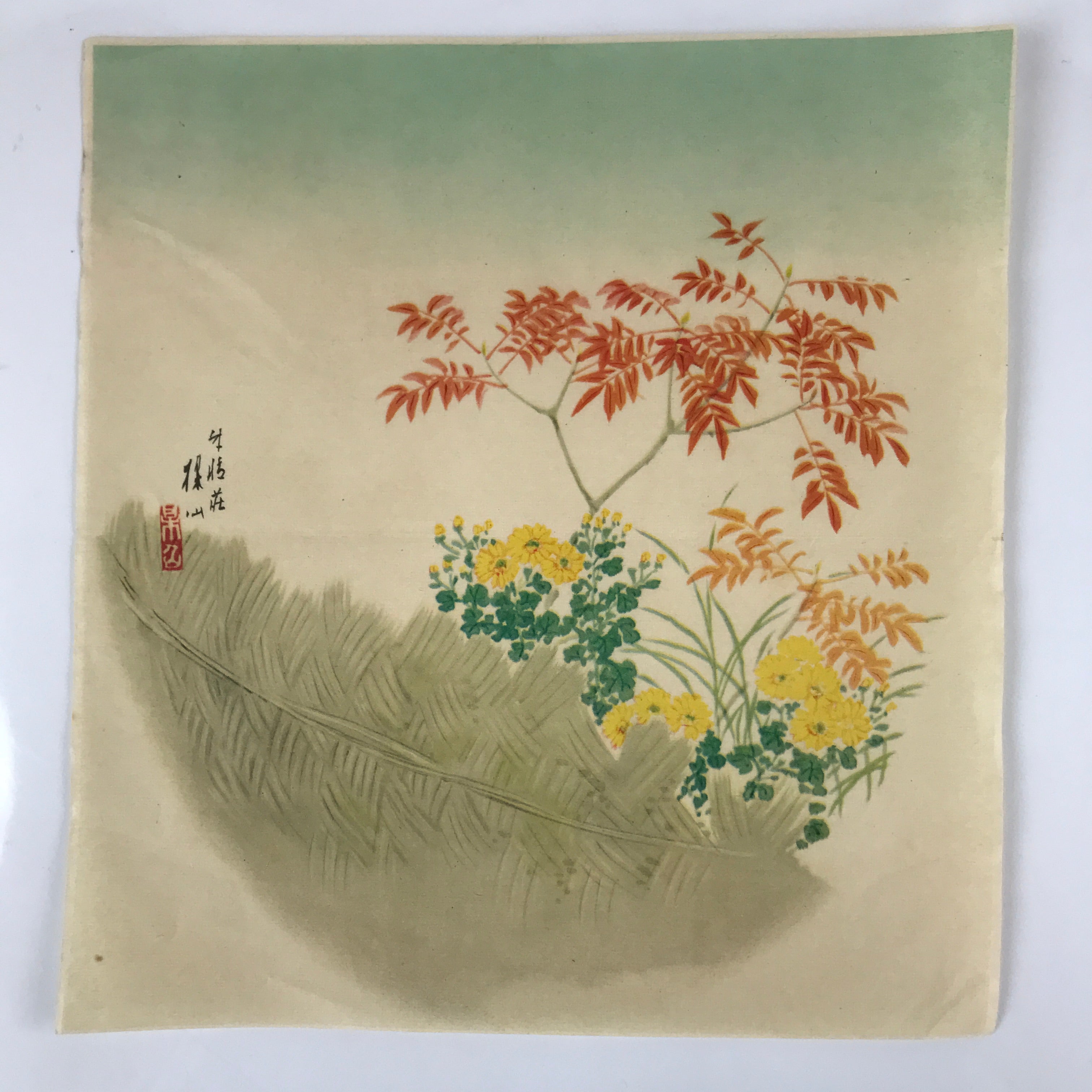 Japanese Art Print Reproduction Red Leaves Chrysanthemum Painting Floral P364