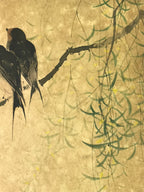 Japanese Art Print Reproduction Vtg Barn Swallows Willow Kacho Painting P358