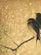 Japanese Art Print Reproduction Vtg Barn Swallows Willow Kacho Painting P358