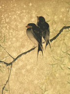Japanese Art Print Reproduction Vtg Barn Swallows Willow Kacho Painting P358