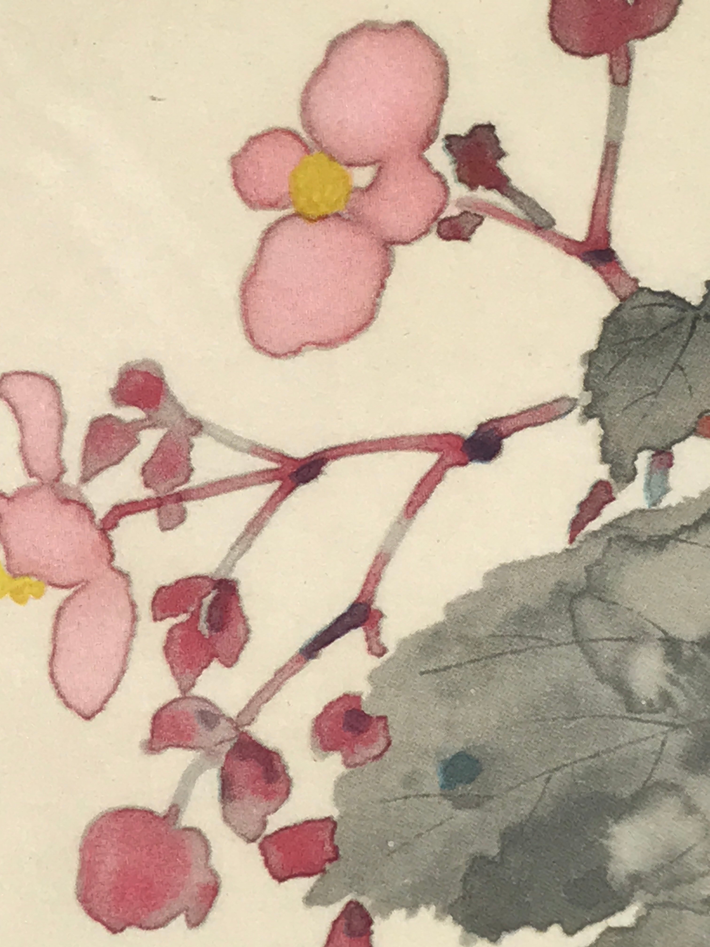 Japanese Art Print Reproduction Vtg Begonia Flowers Painting Paper P371