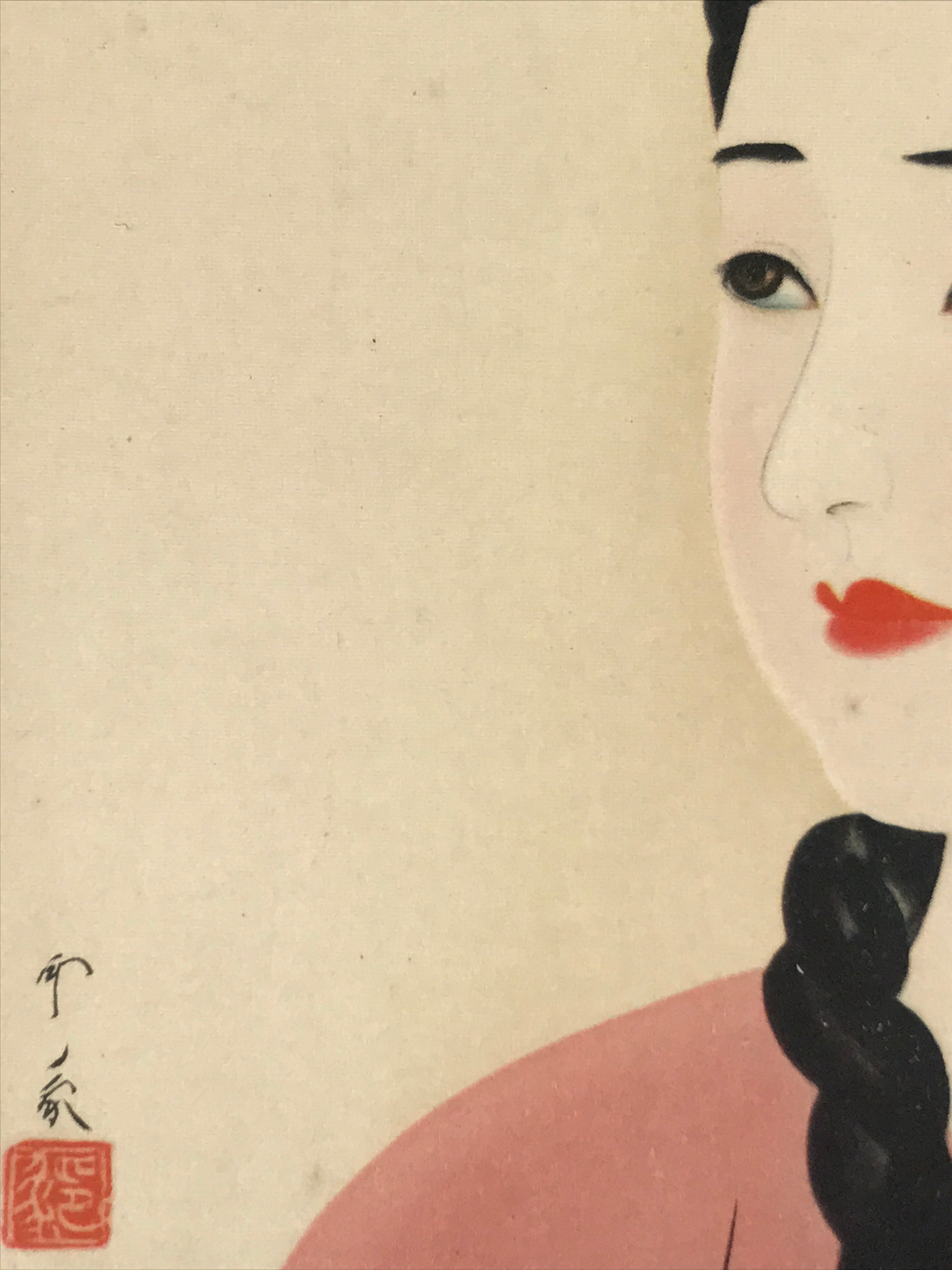 Japanese Art Print Reproduction Vtg Insho Domoto Spring Woman Braids P353