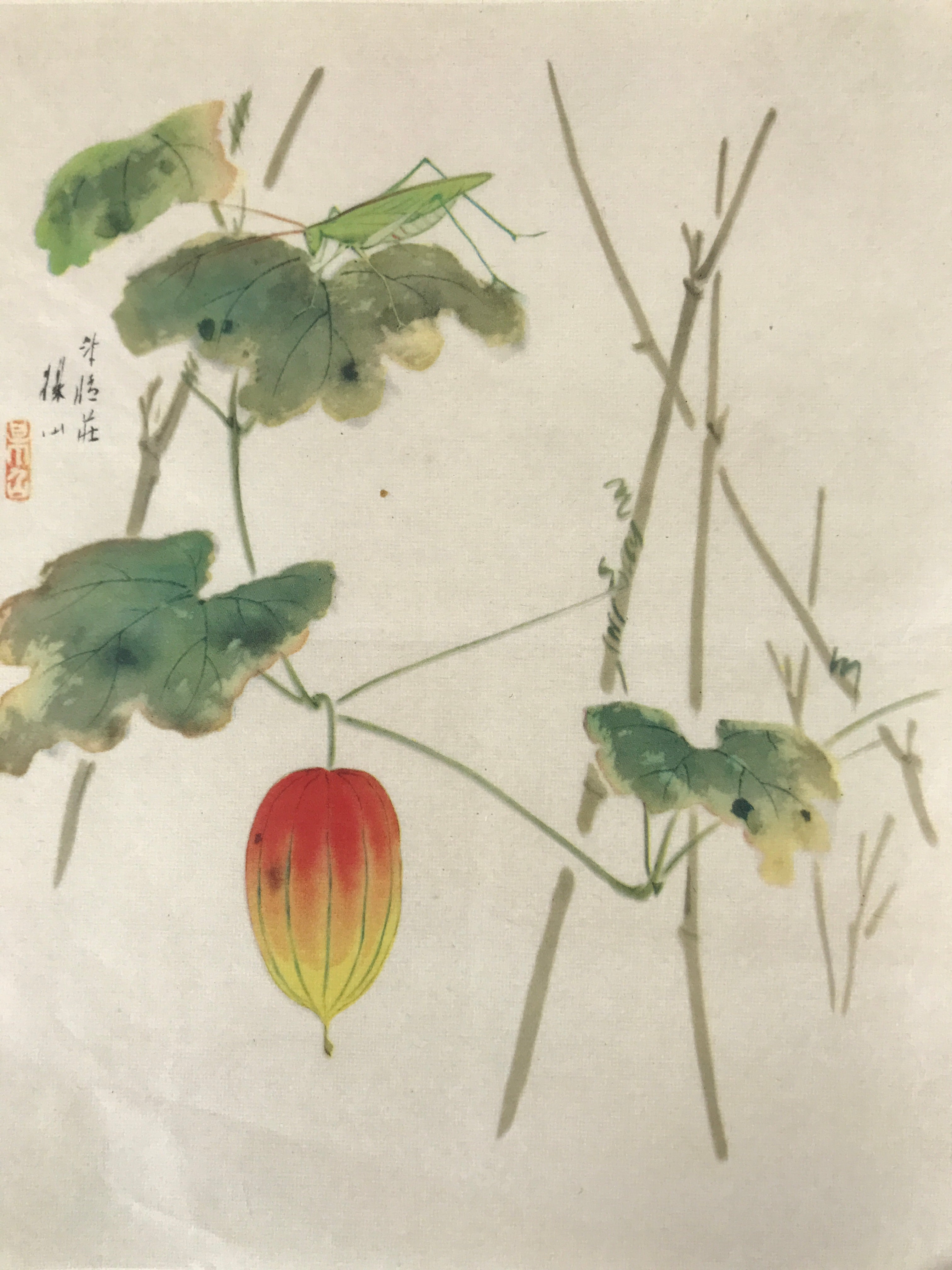 Japanese Art Print Reproduction Vtg Snake Gourd Grasshopper Painting P366