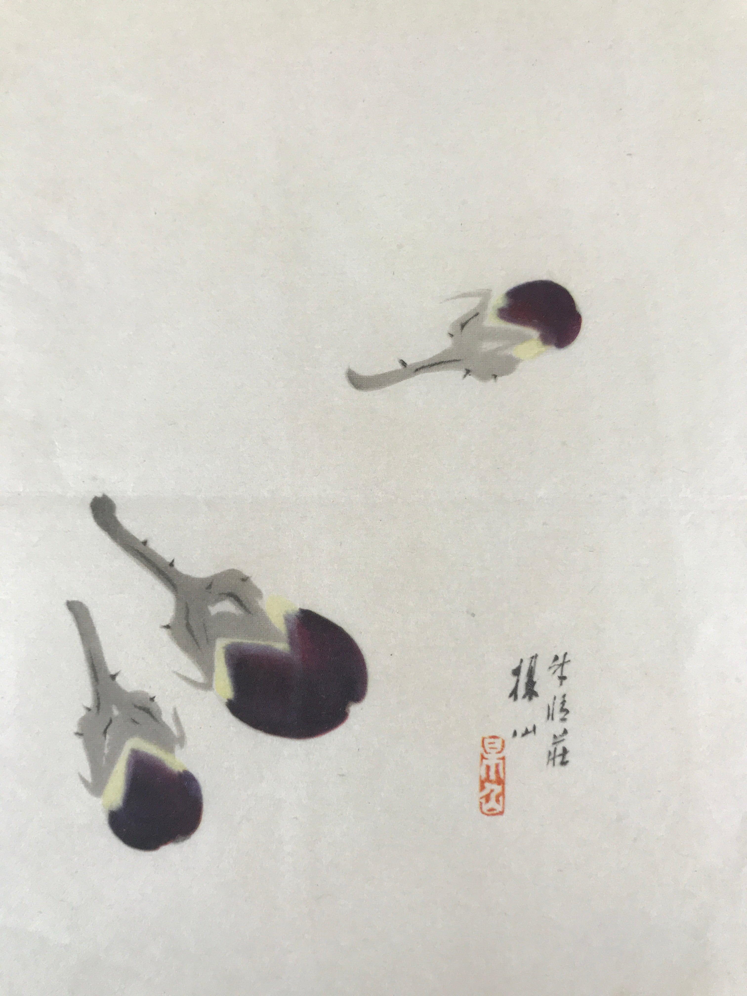 Japanese Art Print Reproduction Vtg Three Eggplants Painting Paper P369
