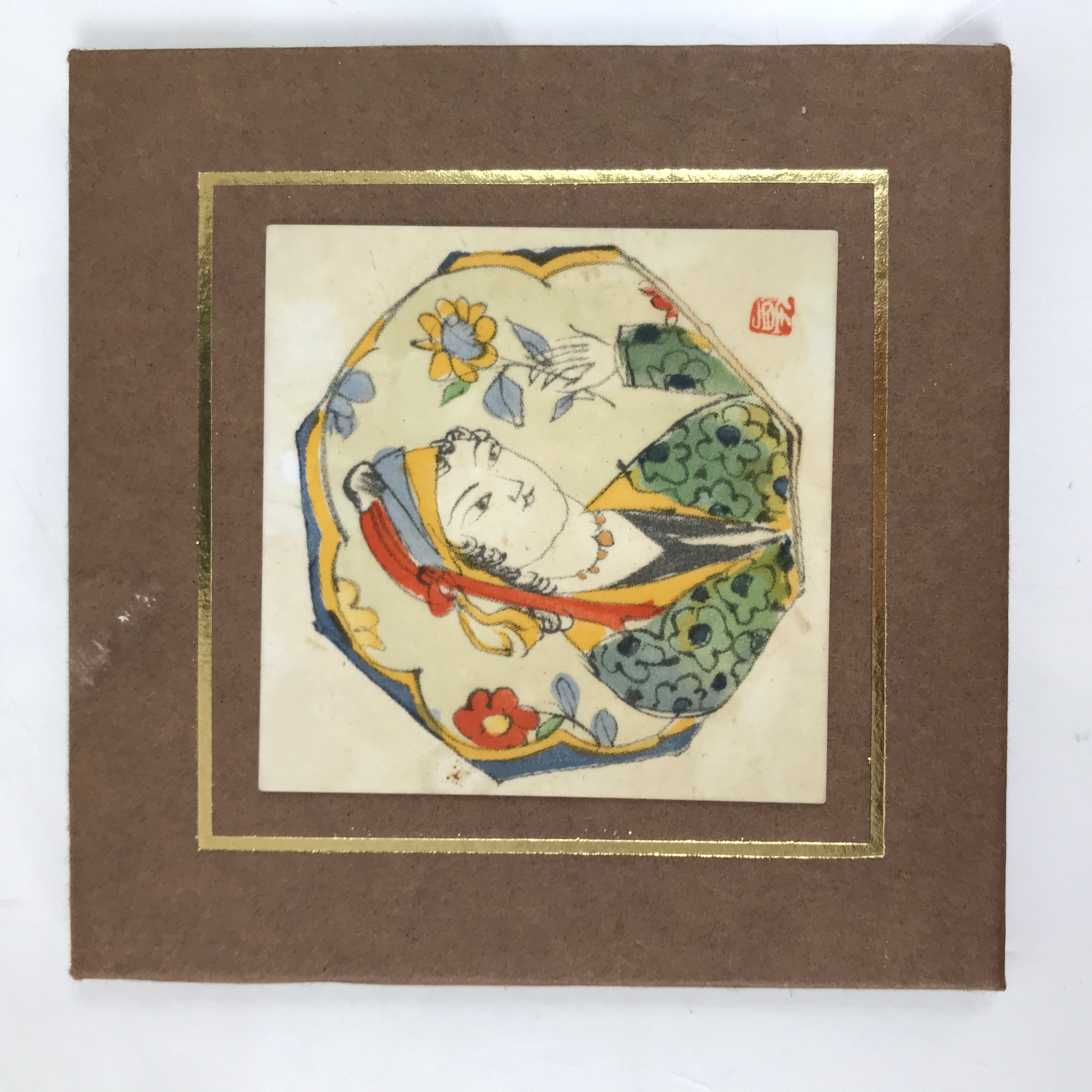 Japanese Art Reproduction Board Vtg Takuo Kato Persian Princess Flower JK792