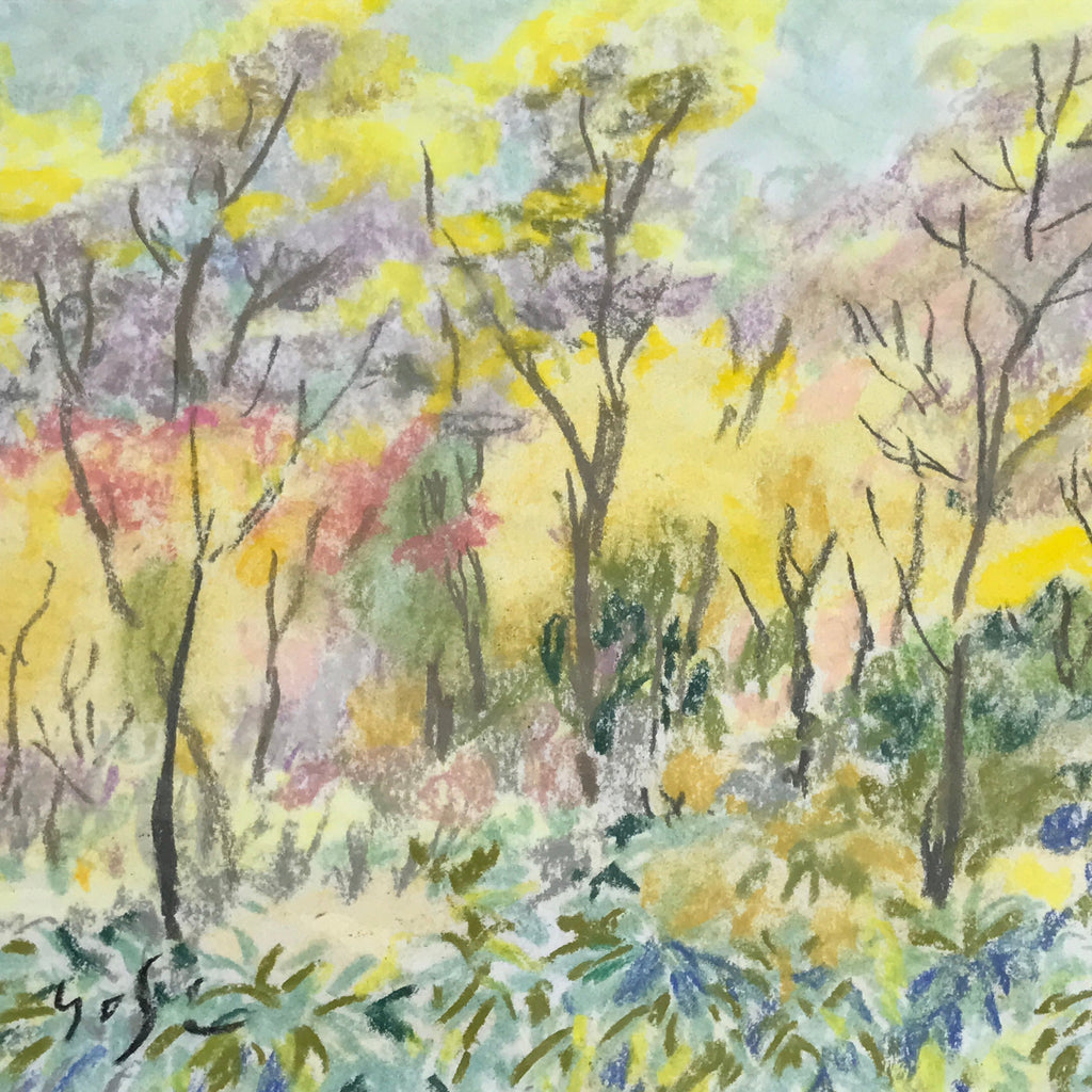 Japanese Autumn Forest Scenery Pastel Drawing Art Signed Yoshihiro Hagino FL340