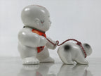 Japanese Baby Dog Clay Doll Vtg Ningyo Chubby White Apron Orange Figurine ST47