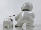 Japanese Baby Dog Clay Doll Vtg Ningyo Chubby White Apron Orange Figurine ST47