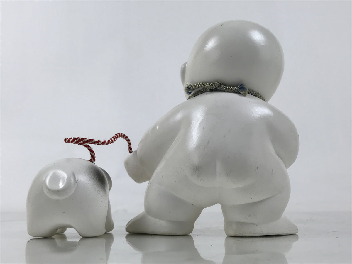 Japanese Baby Dog Clay Doll Vtg Ningyo Chubby White Apron Orange Figurine ST47