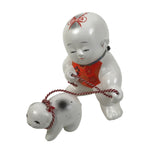 Japanese Baby Dog Clay Doll Vtg Ningyo Chubby White Apron Orange Figurine ST47