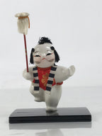 Japanese Baby Wooden Figurine Vtg Kaga Ningyo Chubby White Apron Spear Doll ST48