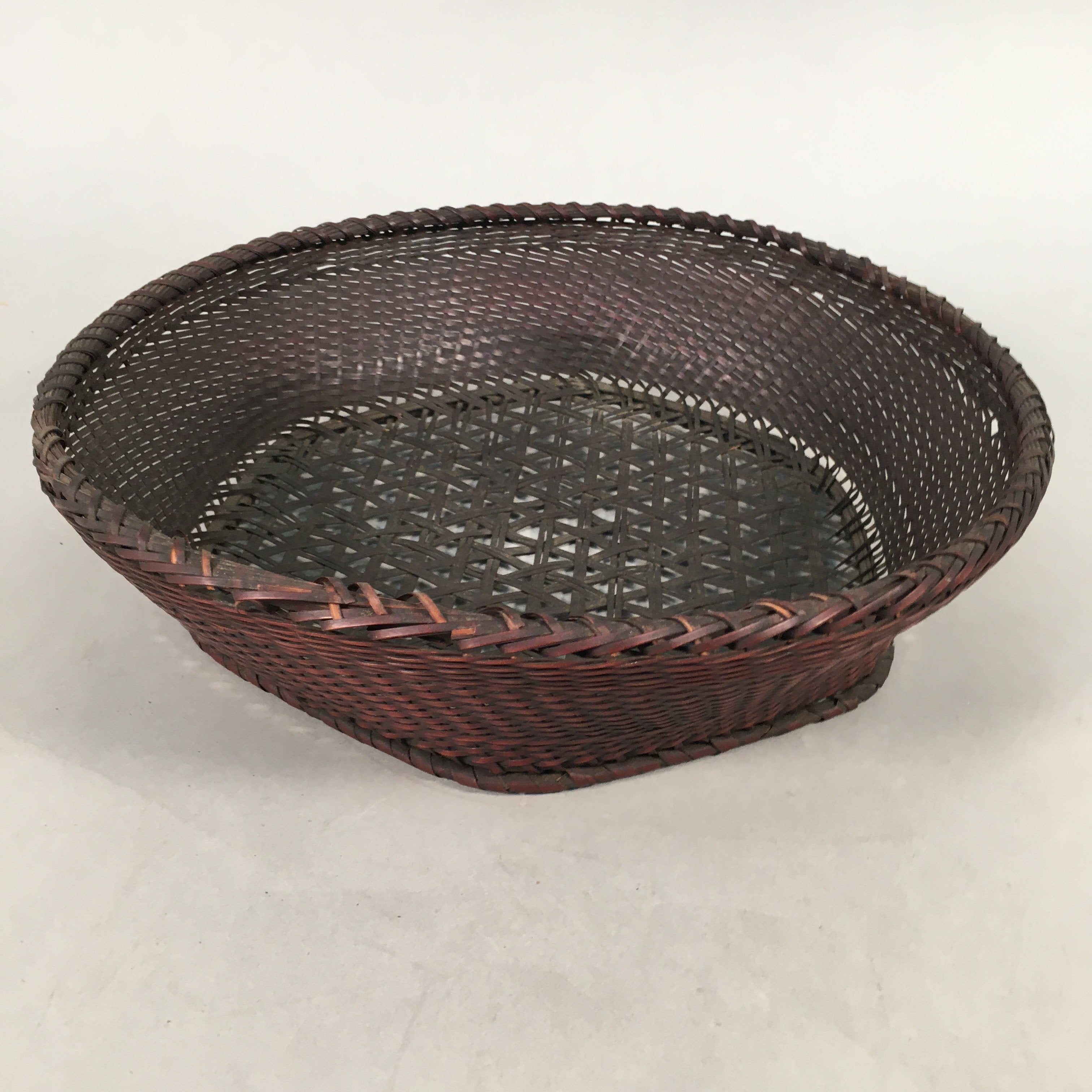 Japanese Bamboo Basket Vtg Natural Brown Ikebana Round Kago Bowl B132