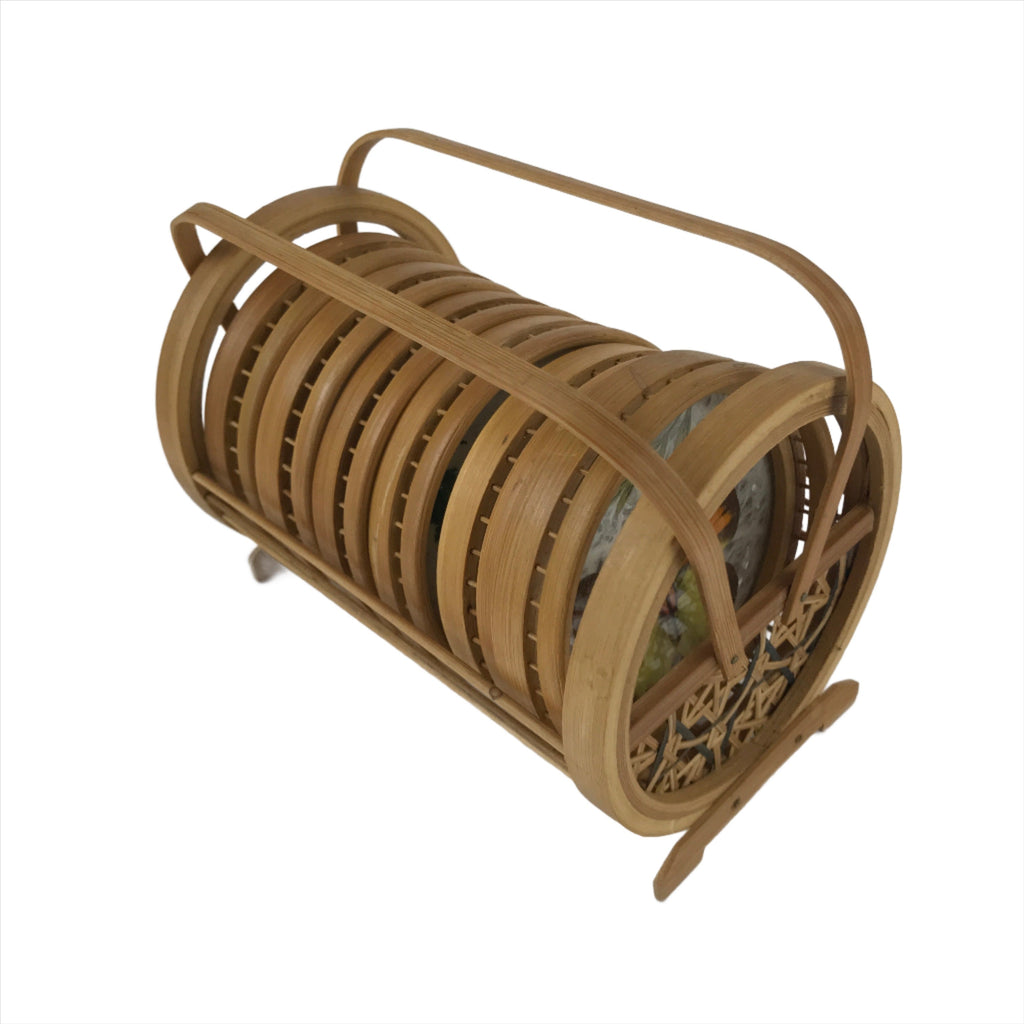Japanese Bamboo Drink Saucer Chataku Vtg Coaster 6pc Carry Holder Butterfly L137