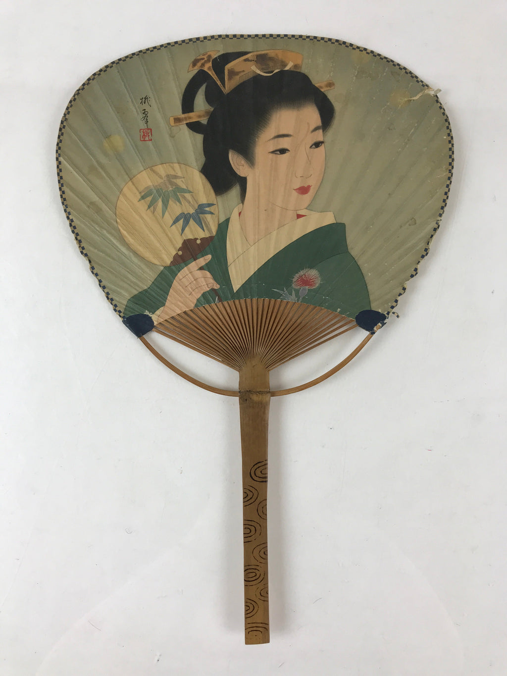 Japanese Bamboo Fan Uchiwa Bijin-ga Beautiful Kimono Woman Vtg Morinaga JK527