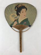 Japanese Bamboo Fan Uchiwa Bijin-ga Beautiful Kimono Woman Vtg Morinaga JK527