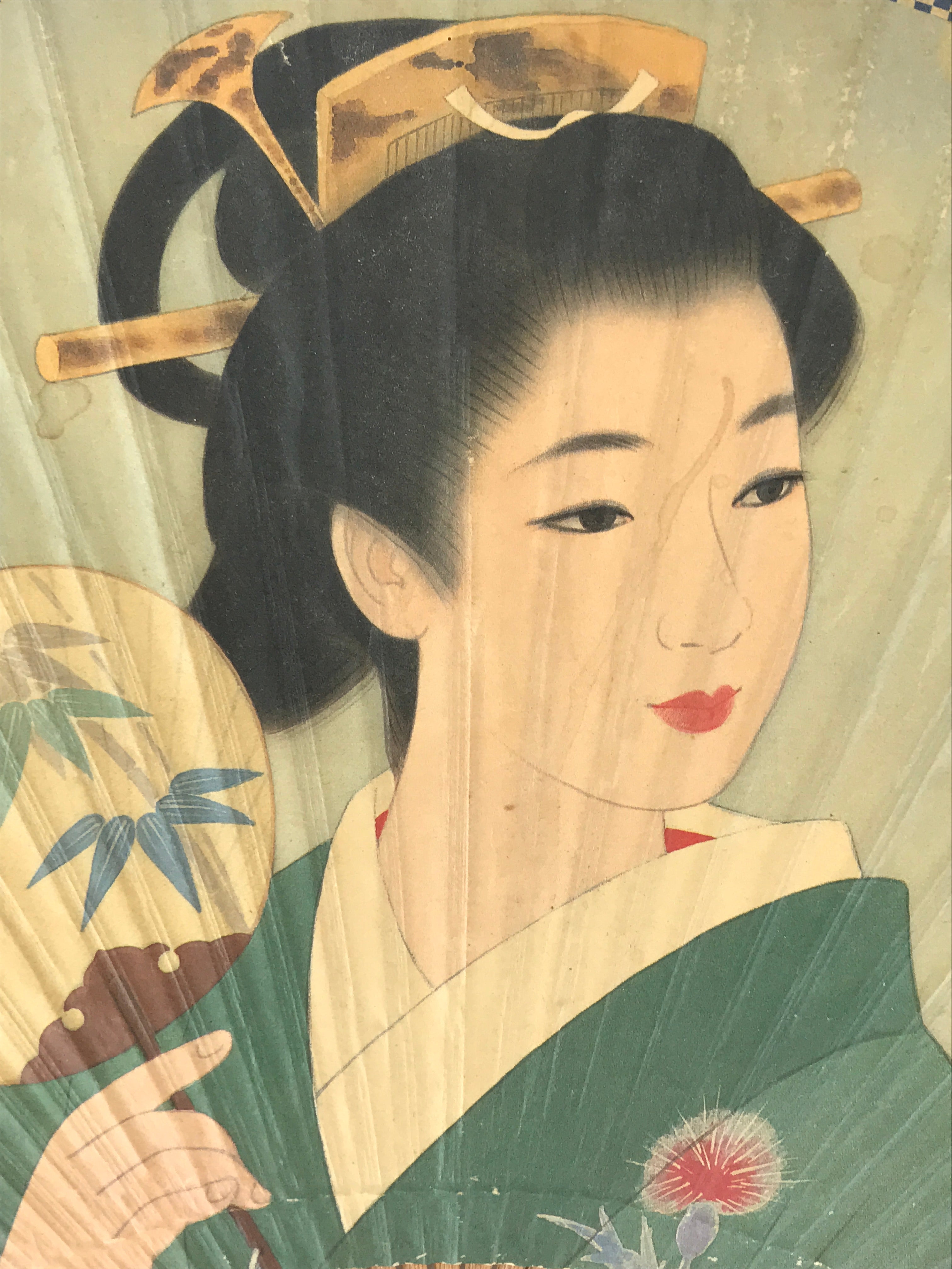 Japanese Bamboo Fan Uchiwa Bijin-ga Beautiful Kimono Woman Vtg Morinaga JK527