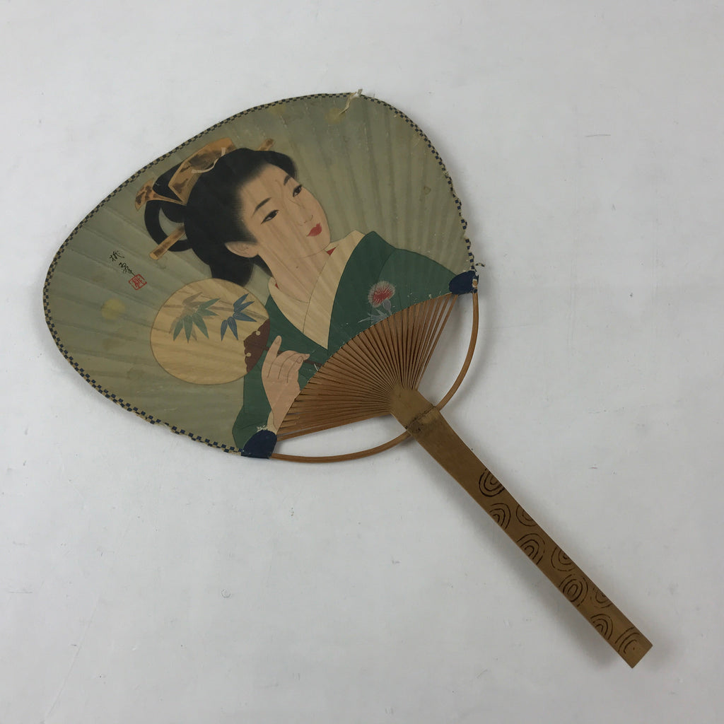 Japanese Bamboo Fan Uchiwa Bijin-ga Beautiful Kimono Woman Vtg Morinaga JK527