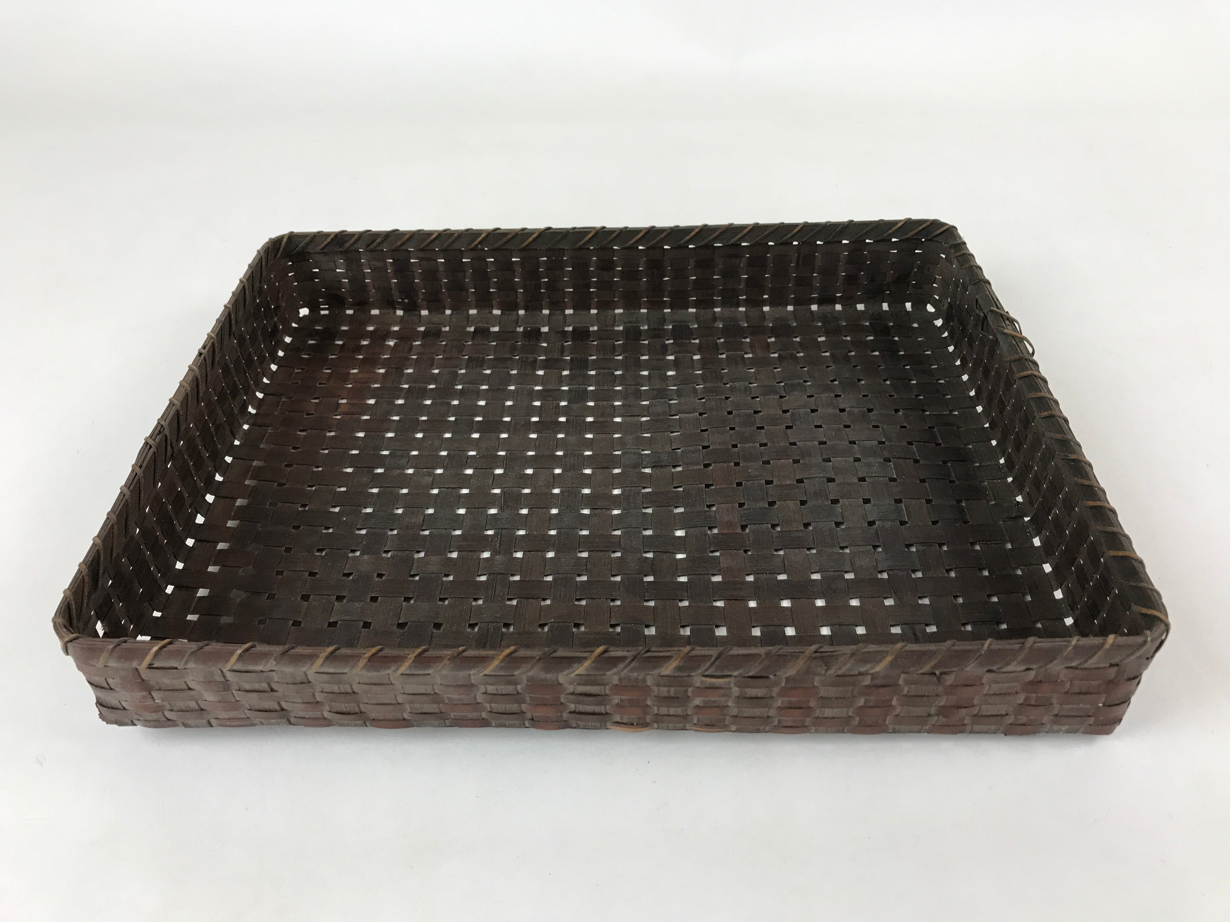 Japanese Bamboo Flat Basket Vtg Tabletop Kago Document Storage Woven Brown B224
