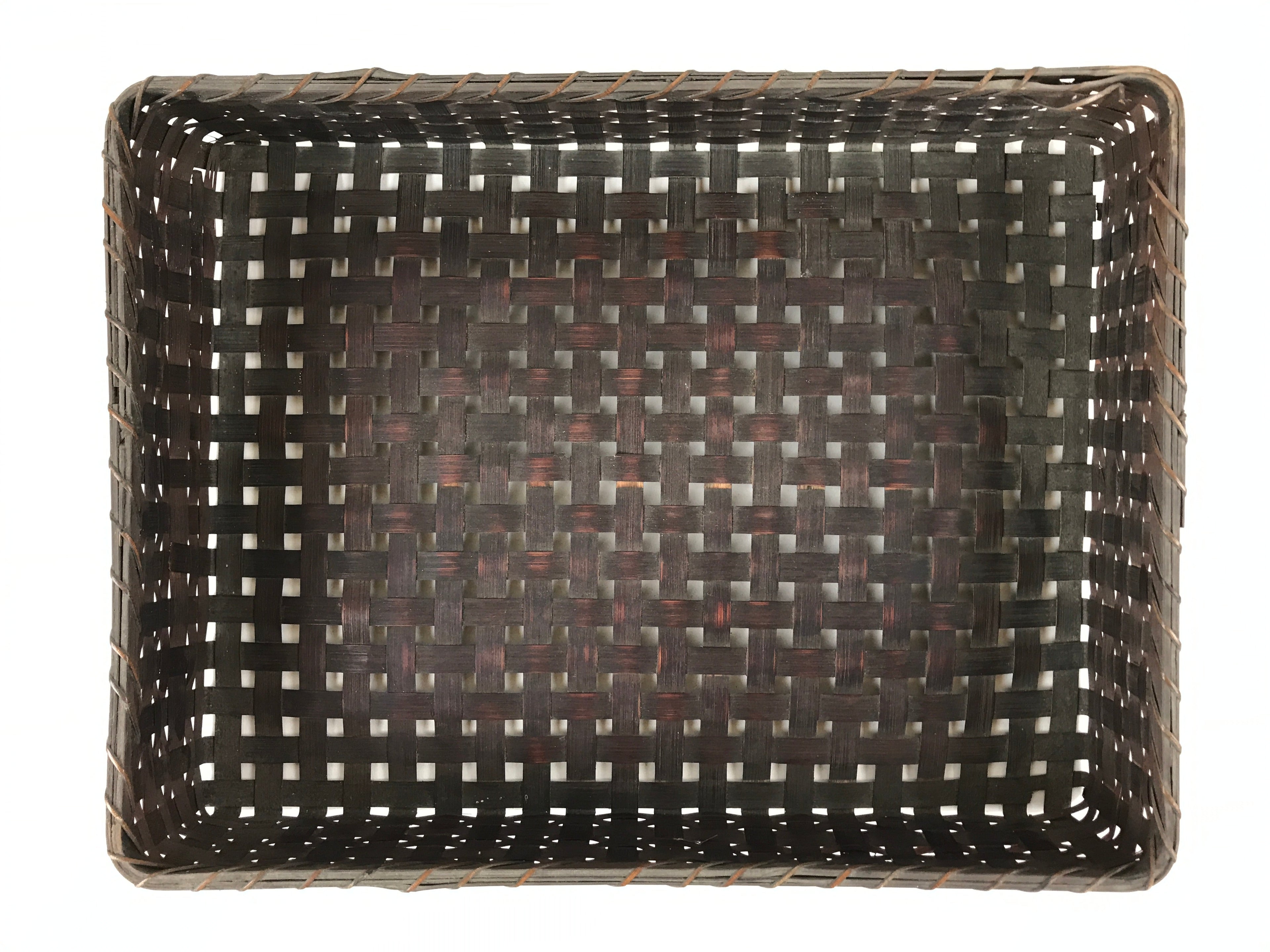 Japanese Bamboo Flat Basket Vtg Tabletop Kago Document Storage Woven Brown B225