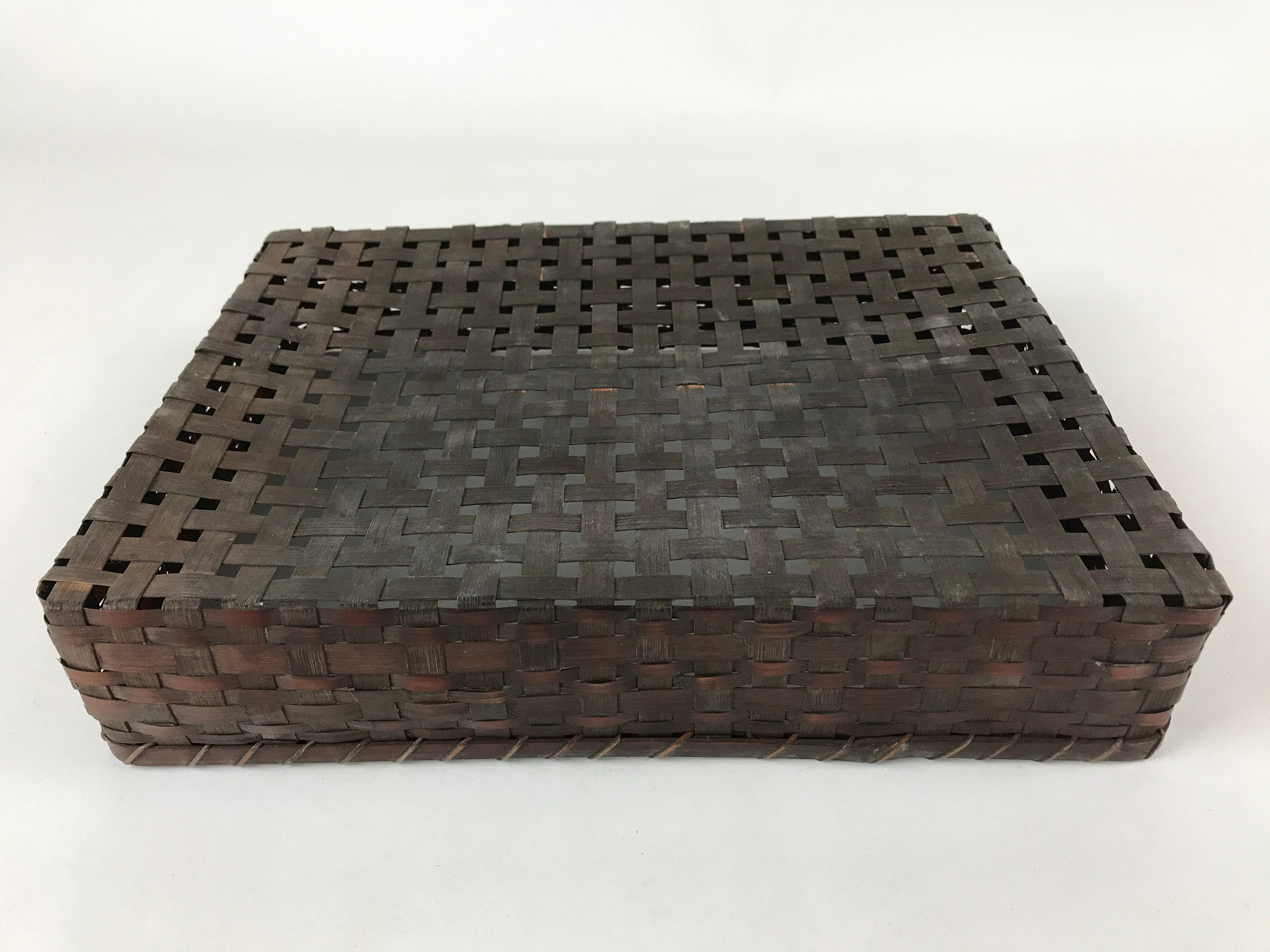 Japanese Bamboo Flat Basket Vtg Tabletop Kago Document Storage Woven Brown B225