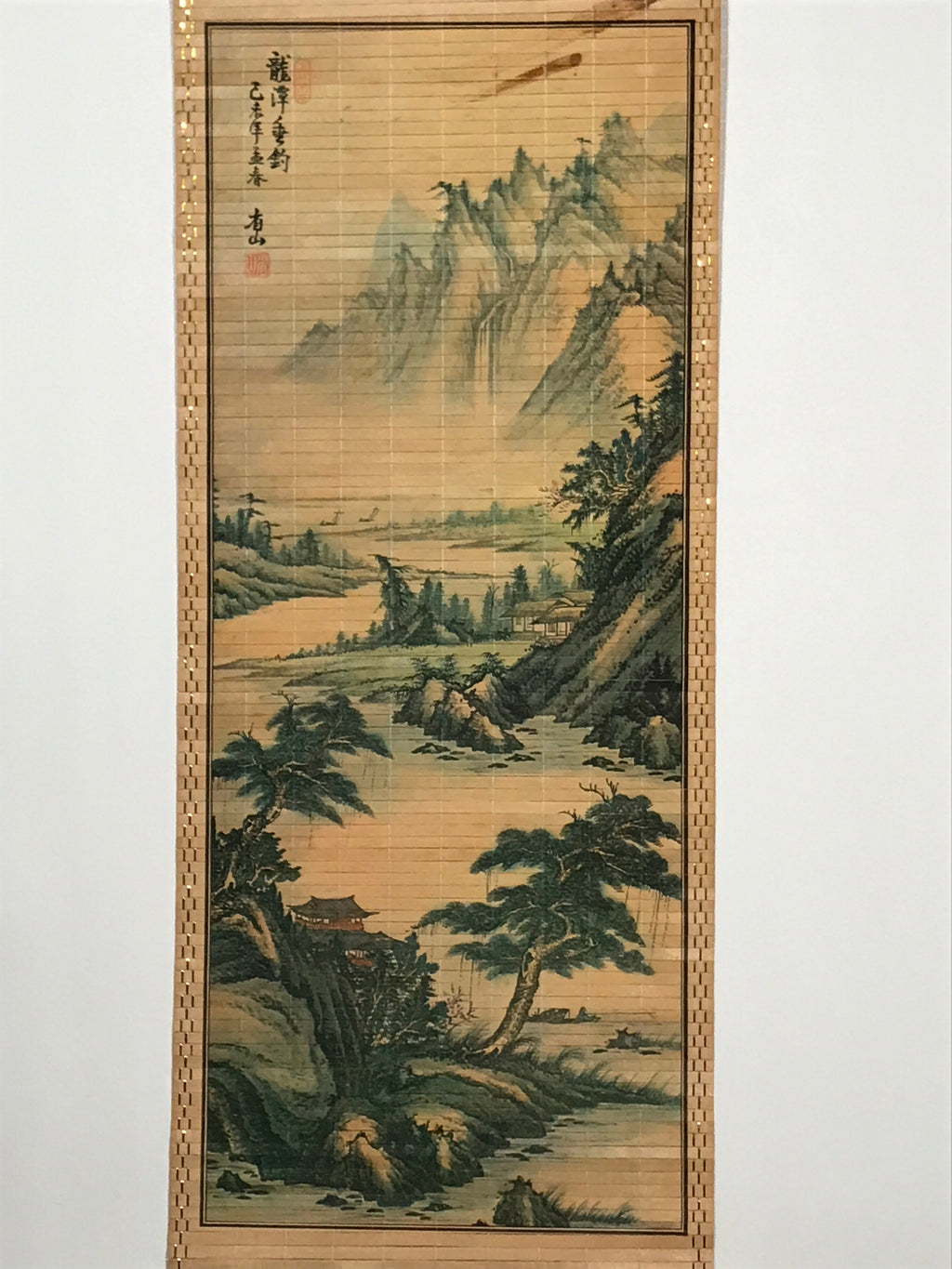 Japanese Bamboo Hanging Scroll Vtg Mountains River Sansui Kakejiku SC899