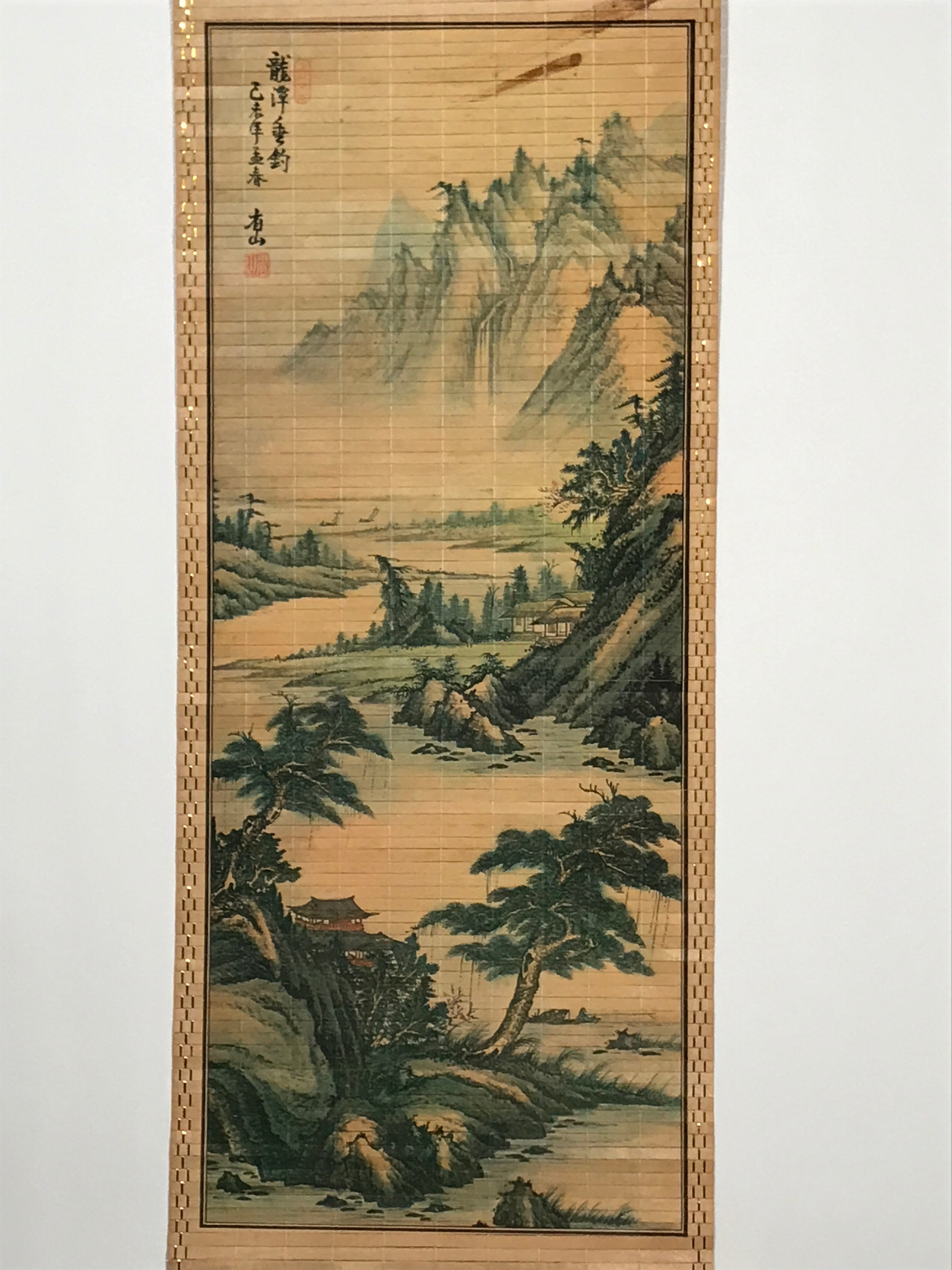 Japanese Bamboo Hanging Scroll Vtg Mountains River Sansui Kakejiku SC899