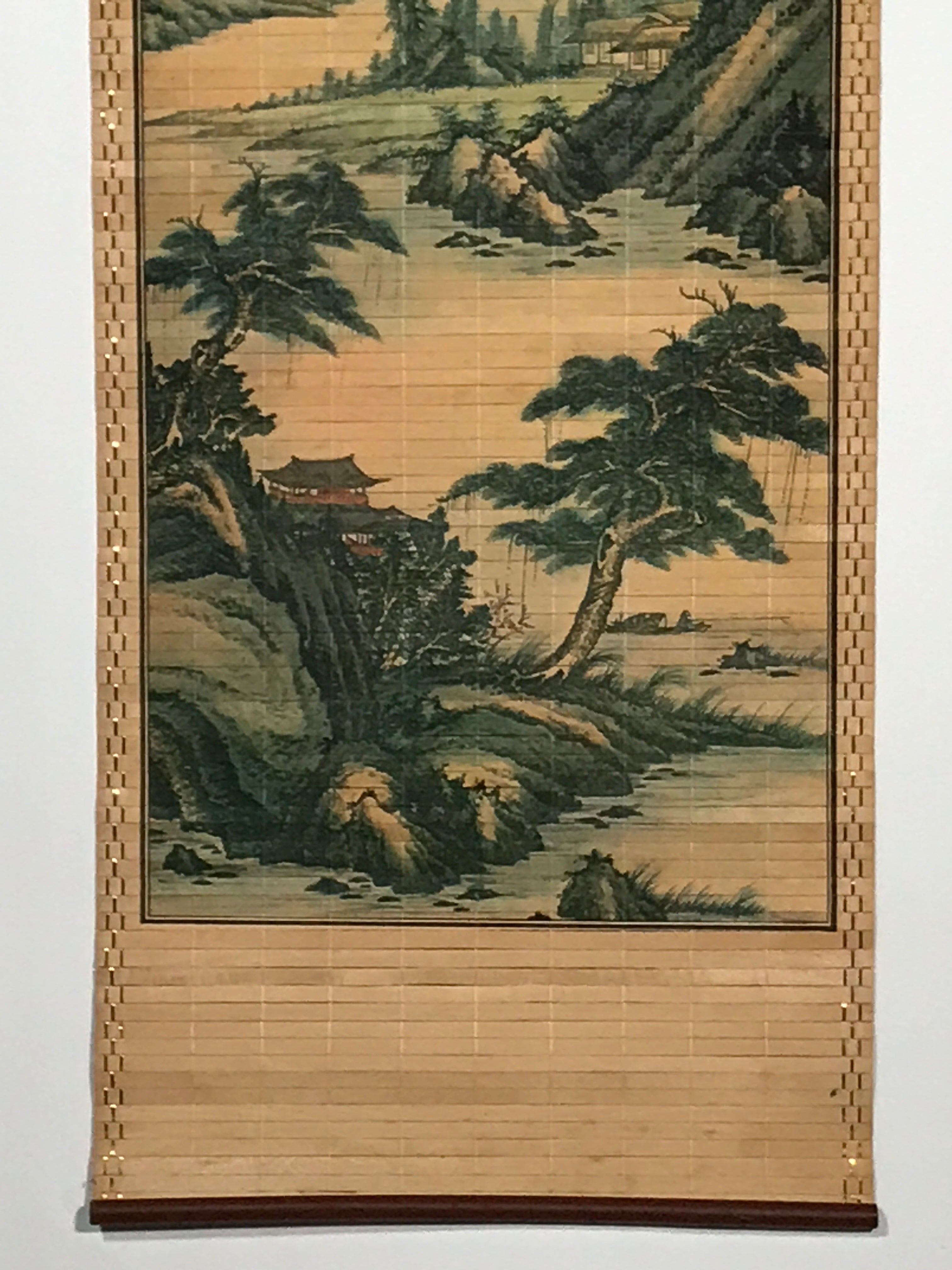 Japanese Bamboo Hanging Scroll Vtg Mountains River Sansui Kakejiku SC899