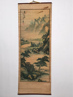 Japanese Bamboo Hanging Scroll Vtg Mountains River Sansui Kakejiku SC899