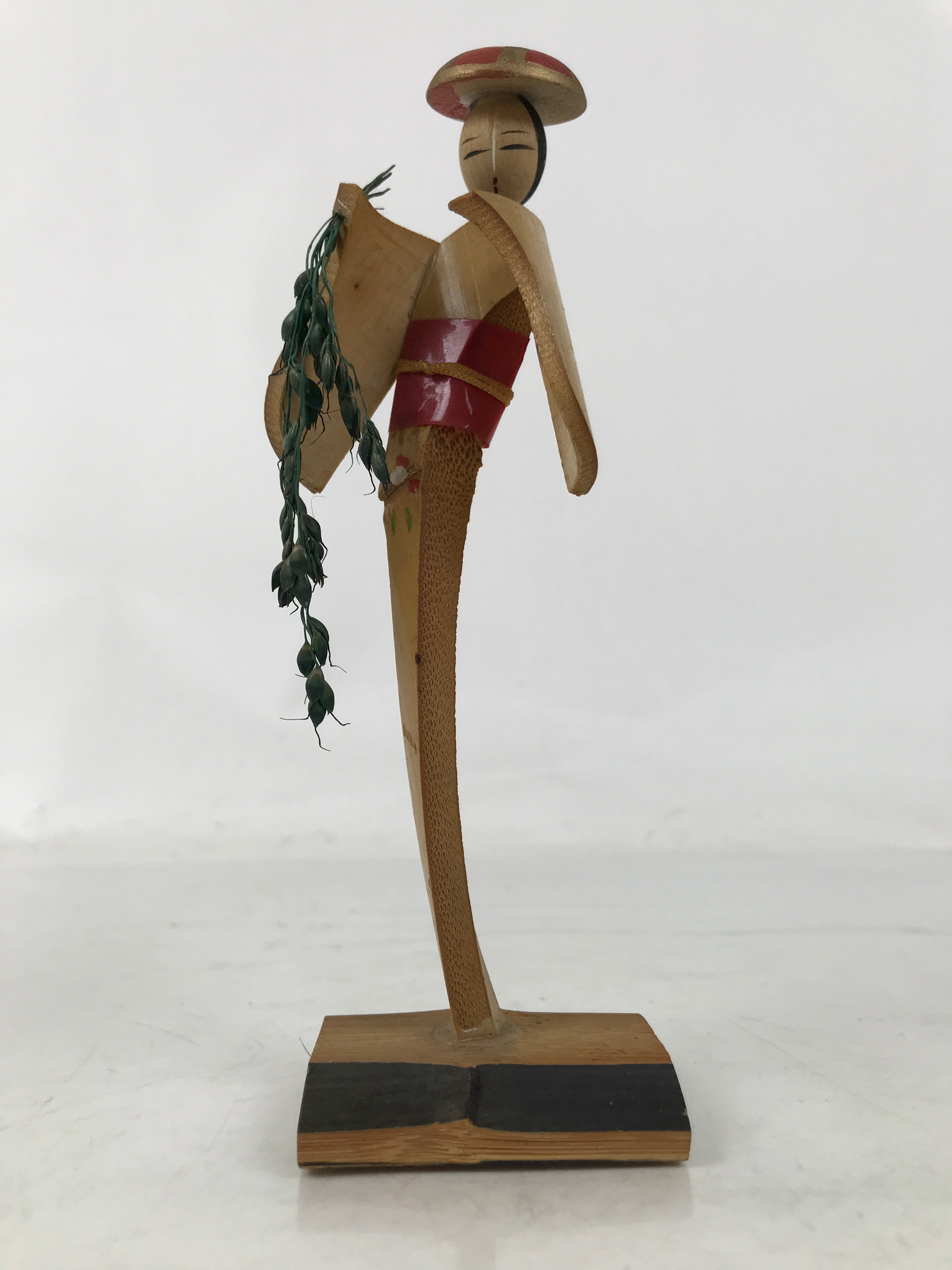 Japanese Bamboo Kokeshi Doll Vtg Figurine Woman Rice Spike Round Hat KF754