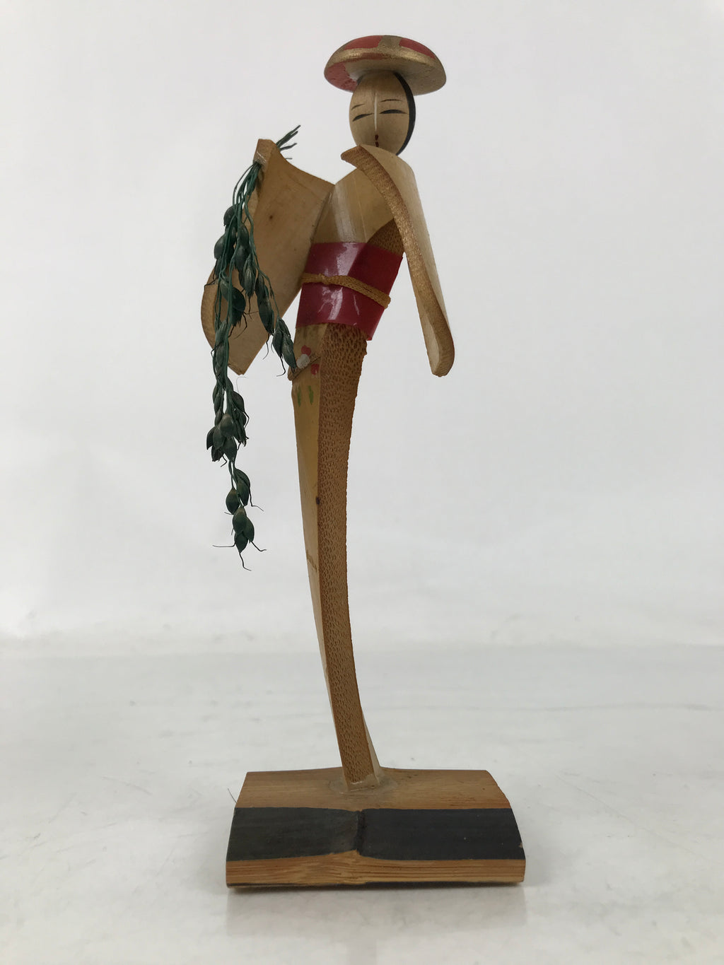 Japanese Bamboo Kokeshi Doll Vtg Figurine Woman Rice Spike Round Hat KF754