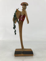 Japanese Bamboo Kokeshi Doll Vtg Figurine Woman Rice Spike Round Hat KF754