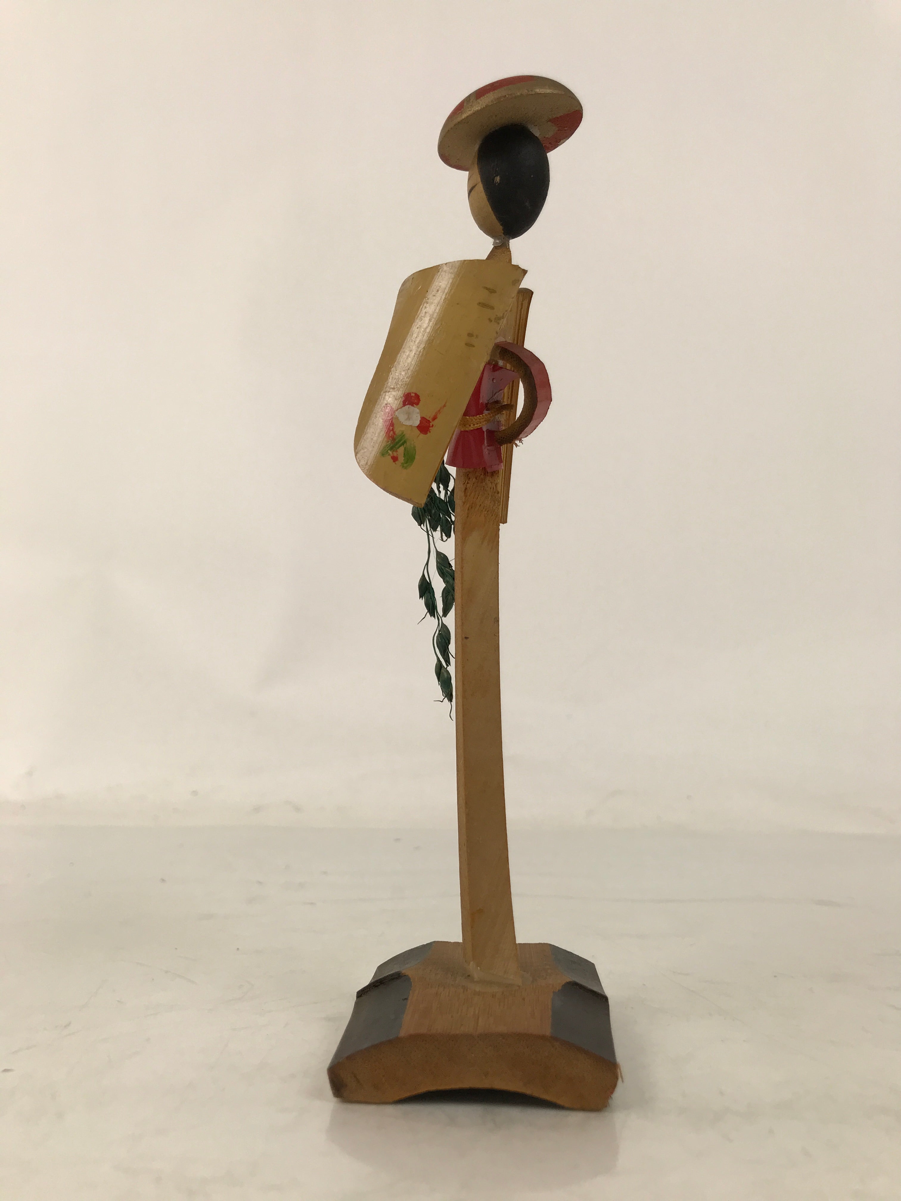 Japanese Bamboo Kokeshi Doll Vtg Figurine Woman Rice Spike Round Hat KF754