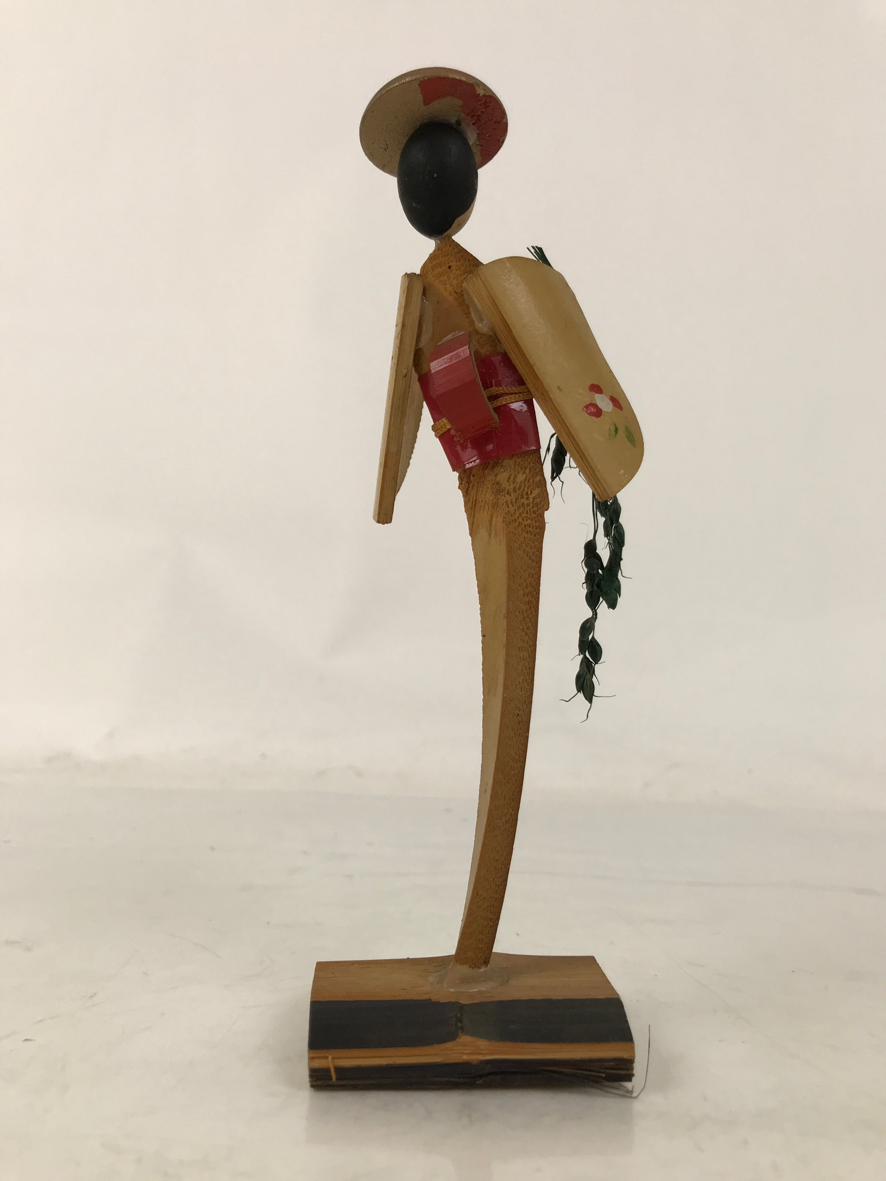 Japanese Bamboo Kokeshi Doll Vtg Figurine Woman Rice Spike Round Hat KF754