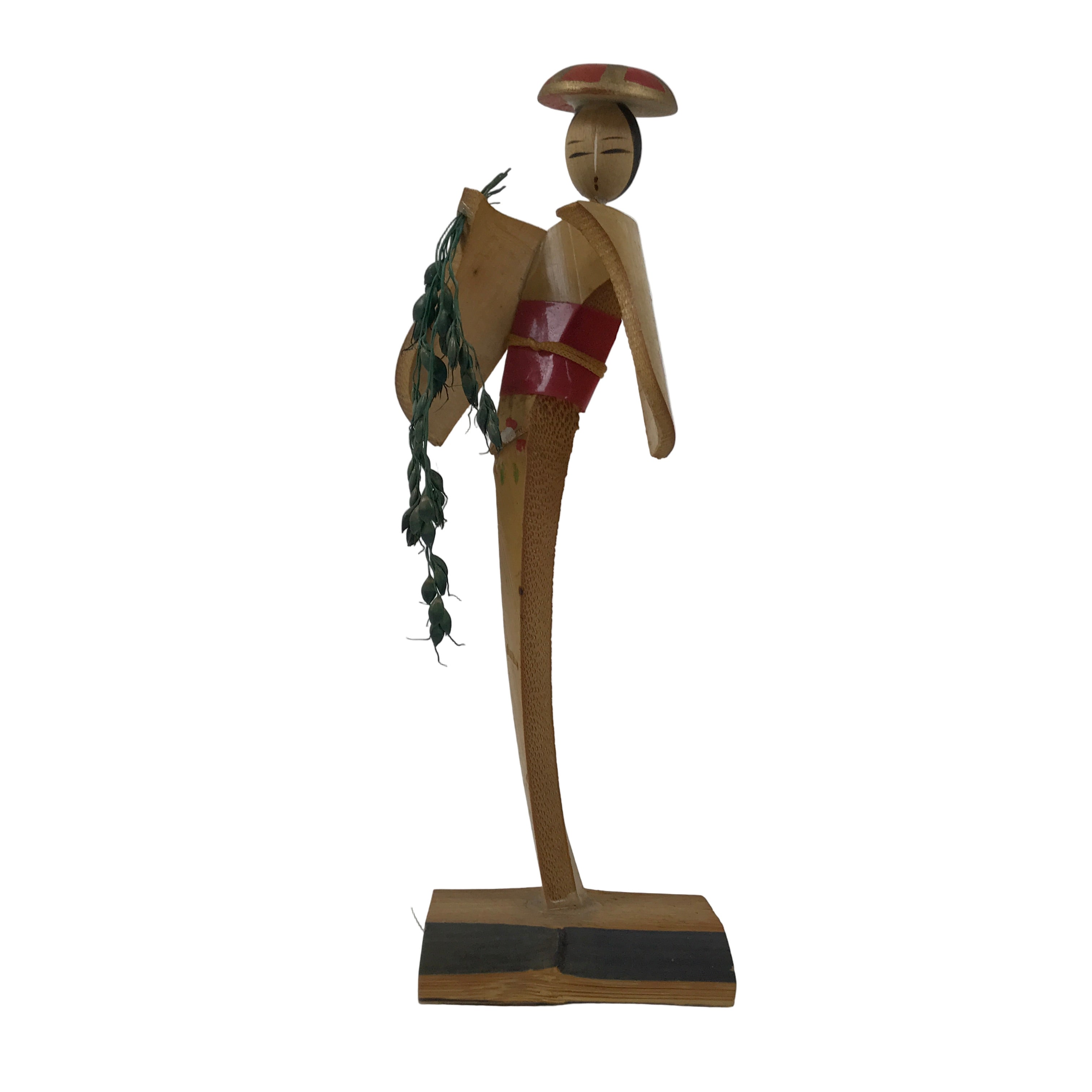 Japanese Bamboo Kokeshi Doll Vtg Figurine Woman Rice Spike Round Hat KF754