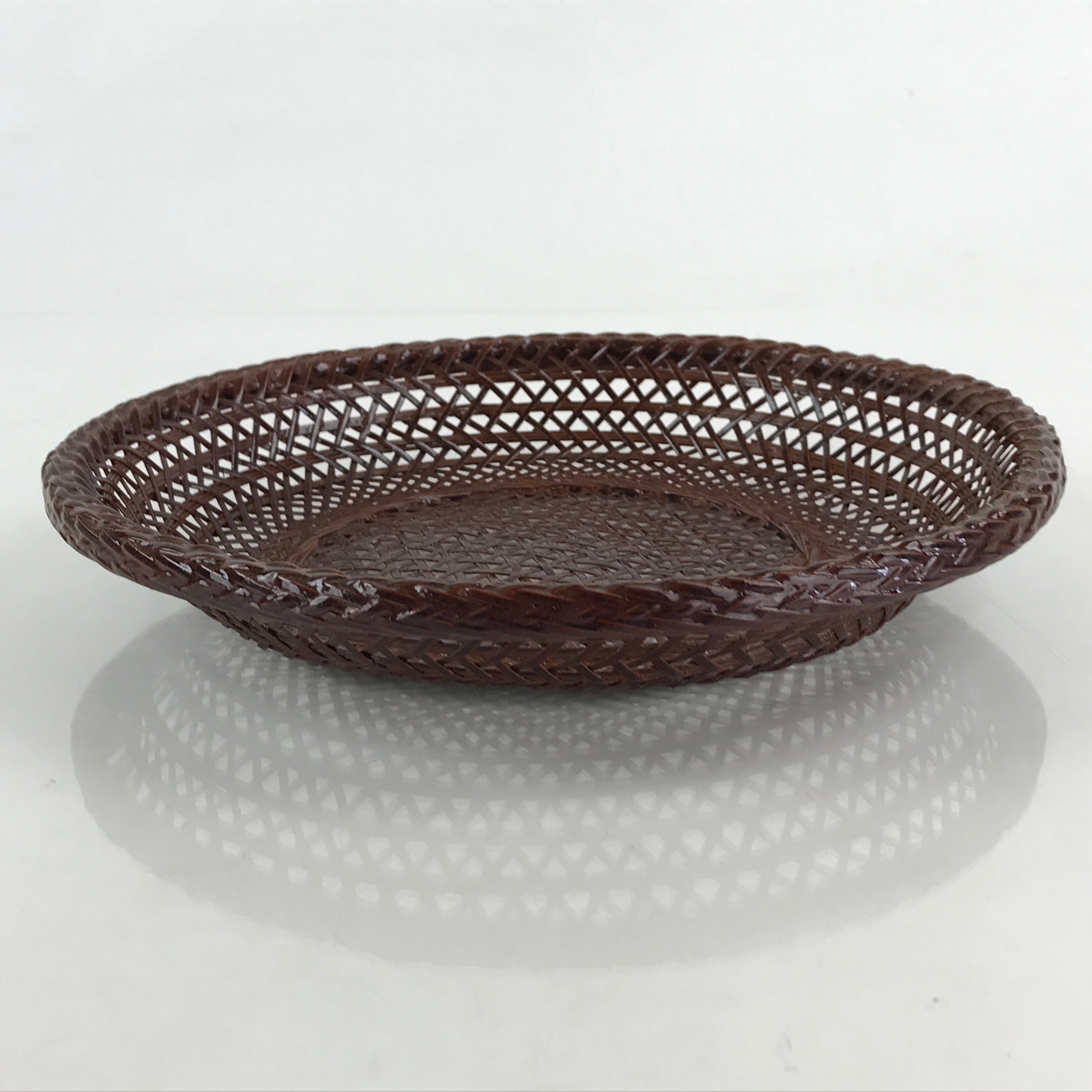 Japanese Bamboo Lacquerware Basket Vtg Woven Small Round Brown Morikago UR983