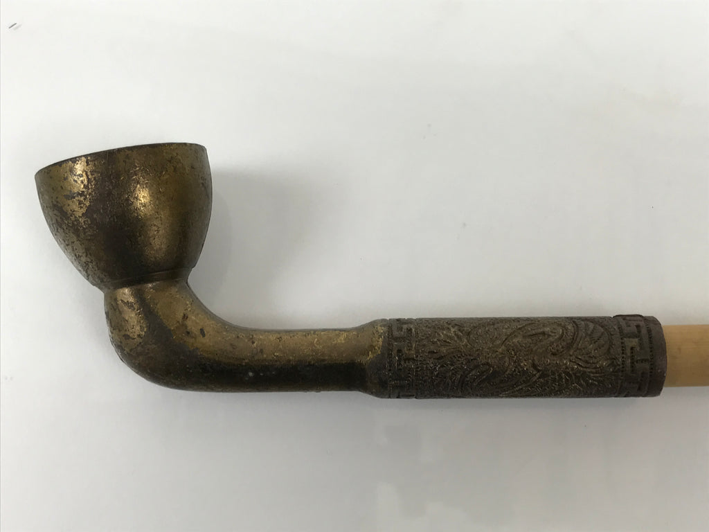 Japanese Bamboo Metal Large Traditional Kiseru Pipe Vtg Crane Mon Design JK912