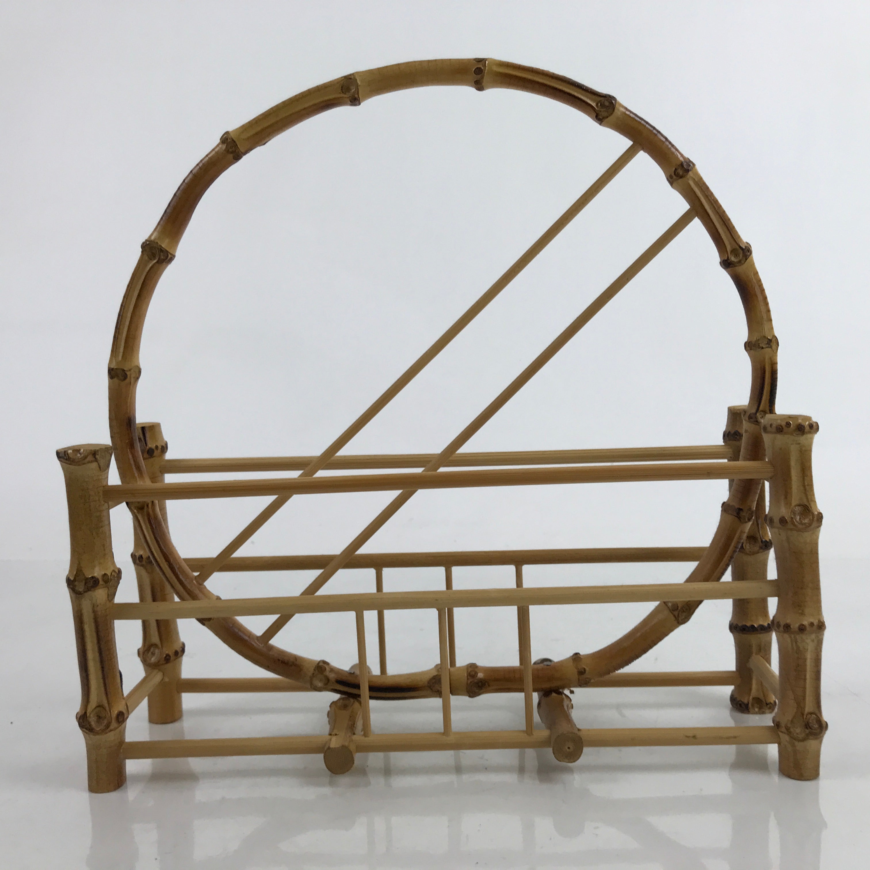 Japanese Bamboo Uchiwa Hand Fan Holder Vtg Handcrafted Storage Stand Brown JK758