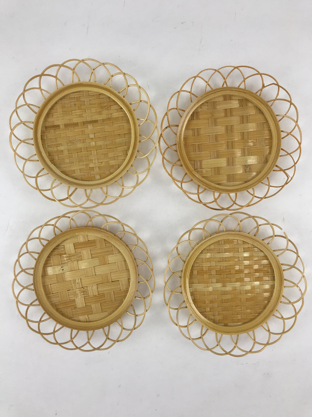 Japanese Bamboo Weave Drink Saucer 5pc Set Vtg Chataku Coaster Takeami UR932