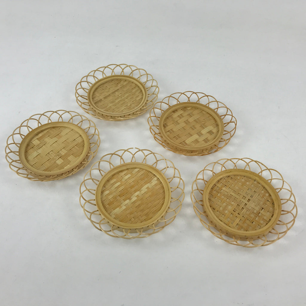 Japanese Bamboo Weave Drink Saucer 5pc Set Vtg Chataku Coaster Takeami UR932