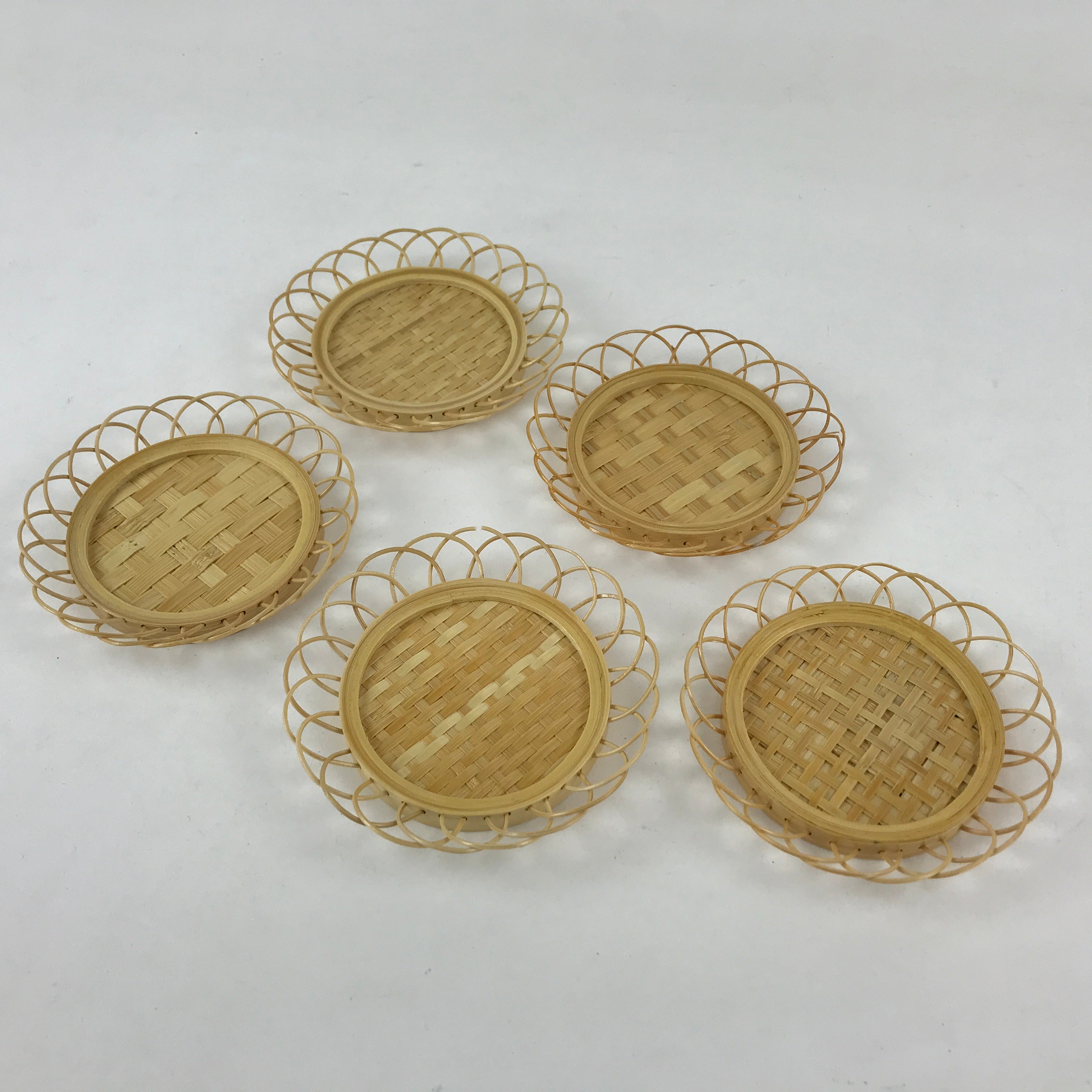 Japanese Bamboo Weave Drink Saucer 5pc Set Vtg Chataku Coaster Takeami UR932