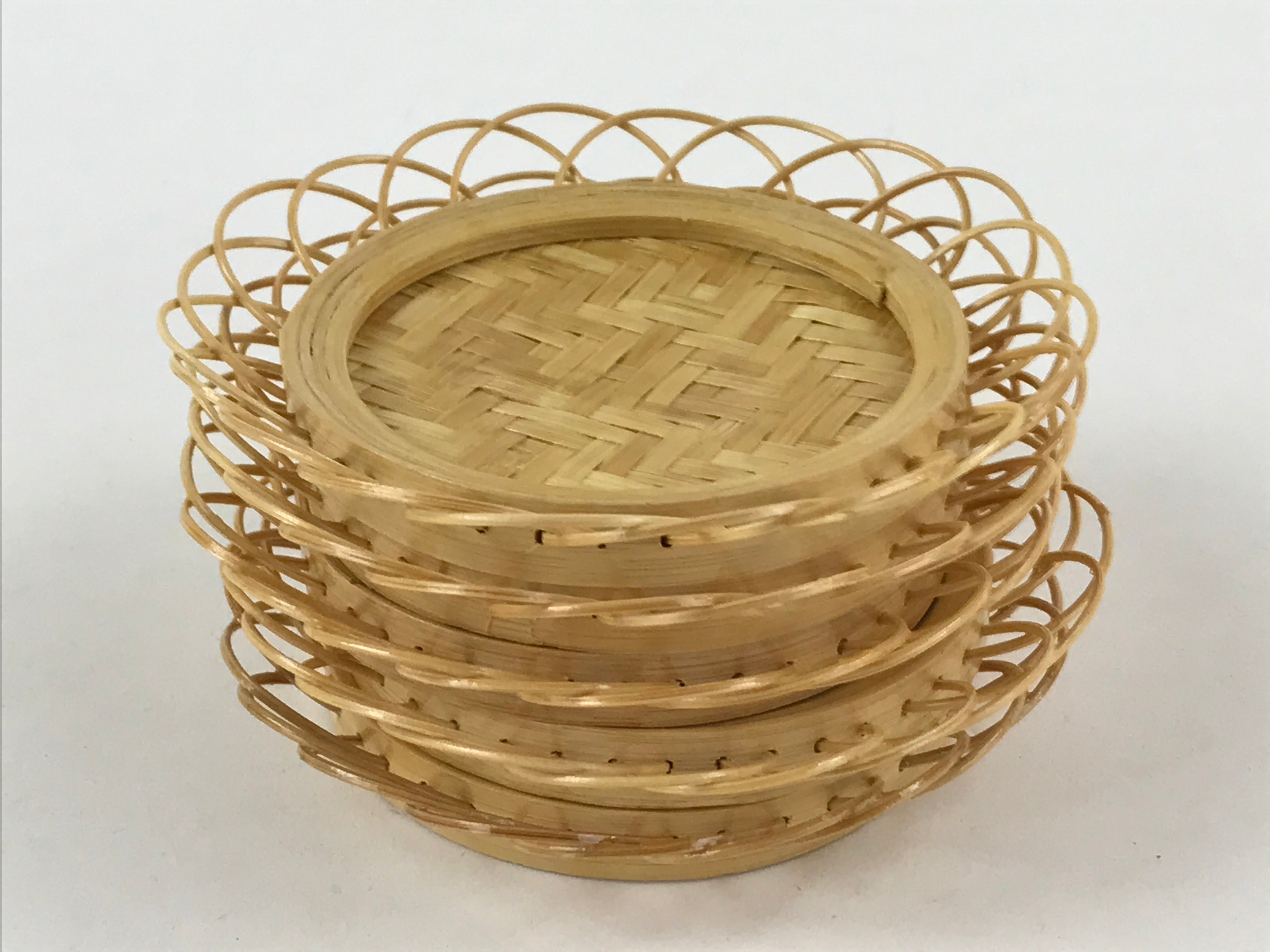 Japanese Bamboo Weave Drink Saucer 5pc Set Vtg Chataku Coaster Takeami UR933