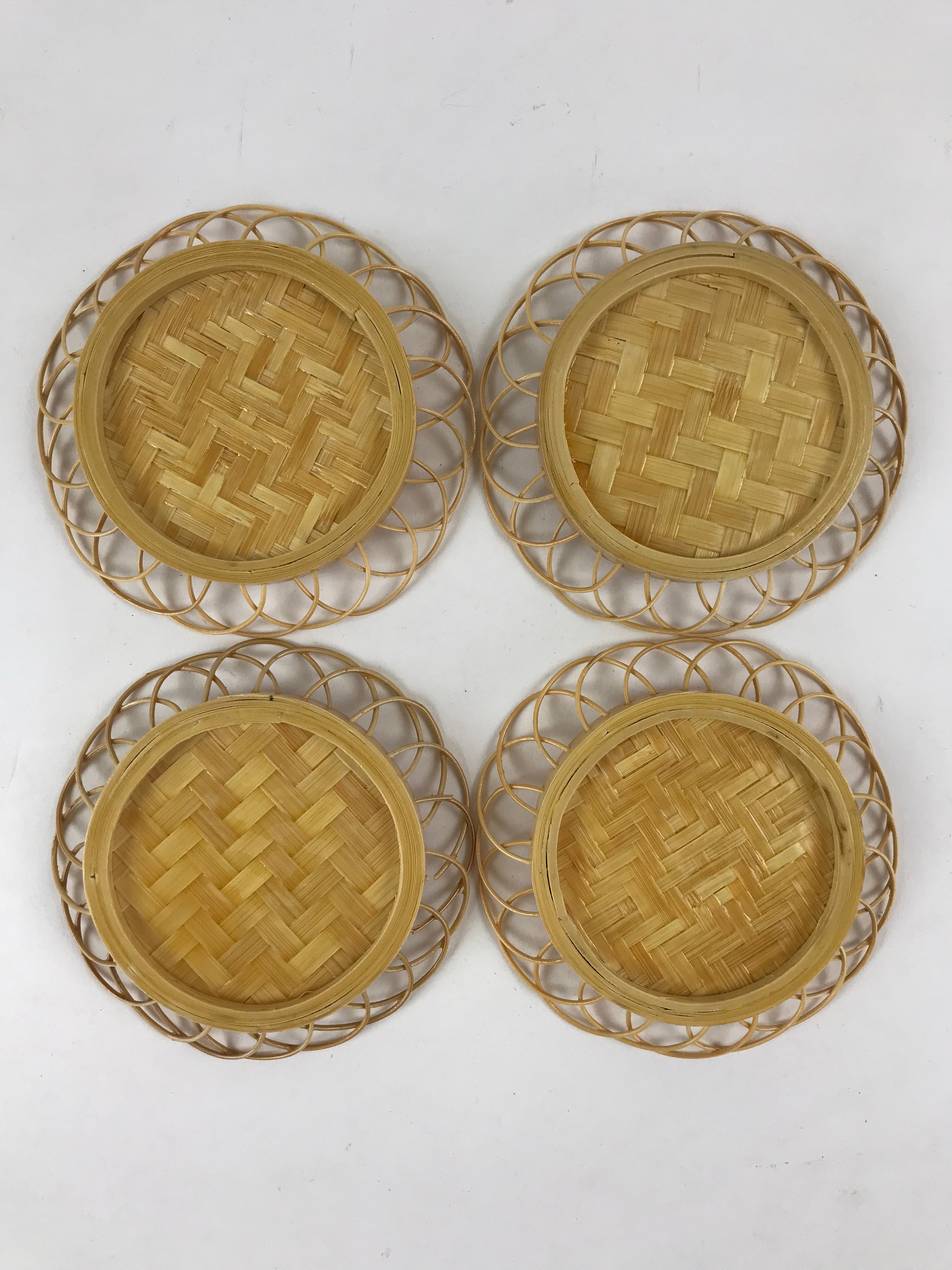 Japanese Bamboo Weave Drink Saucer 5pc Set Vtg Chataku Coaster Takeami UR933