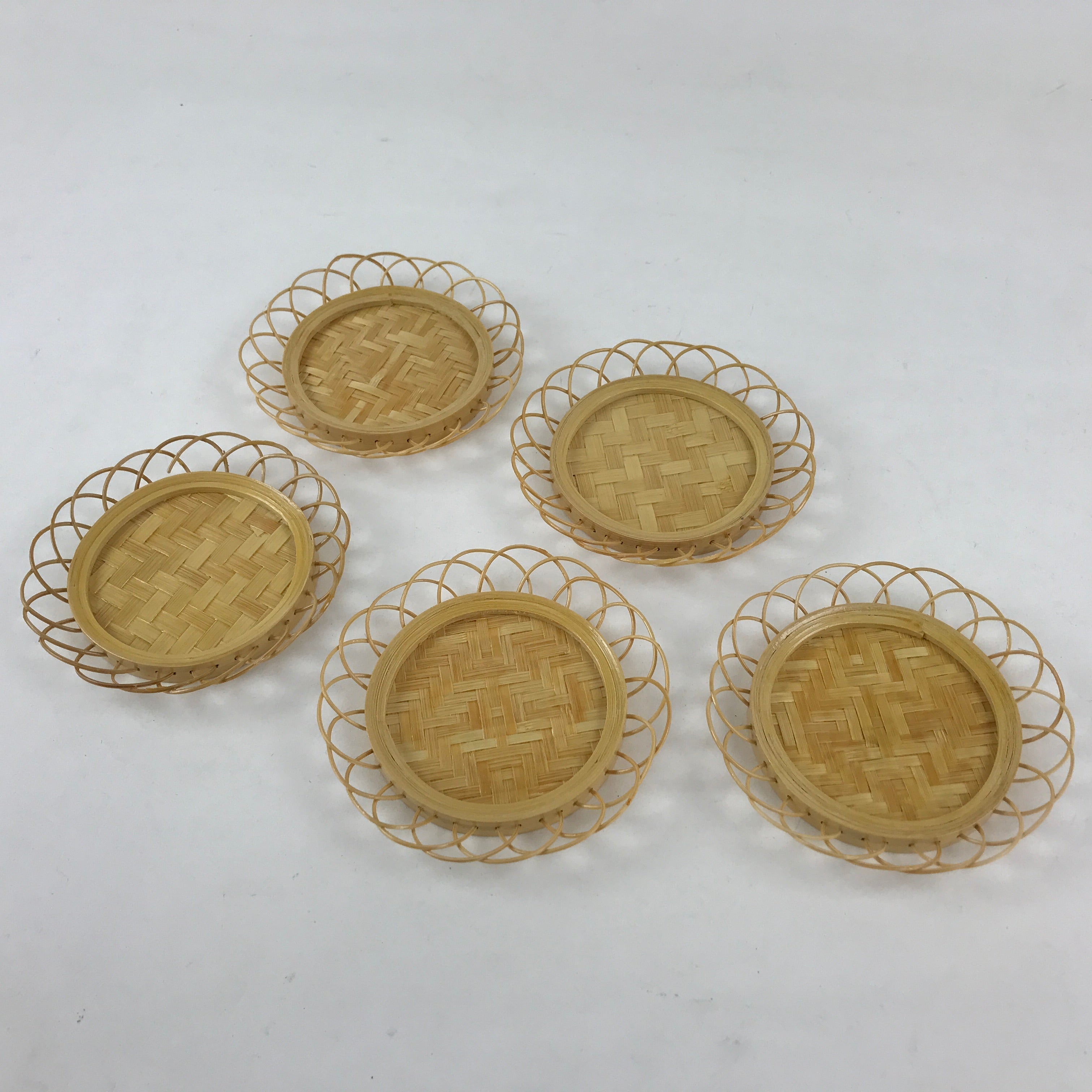 Japanese Bamboo Weave Drink Saucer 5pc Set Vtg Chataku Coaster Takeami UR933