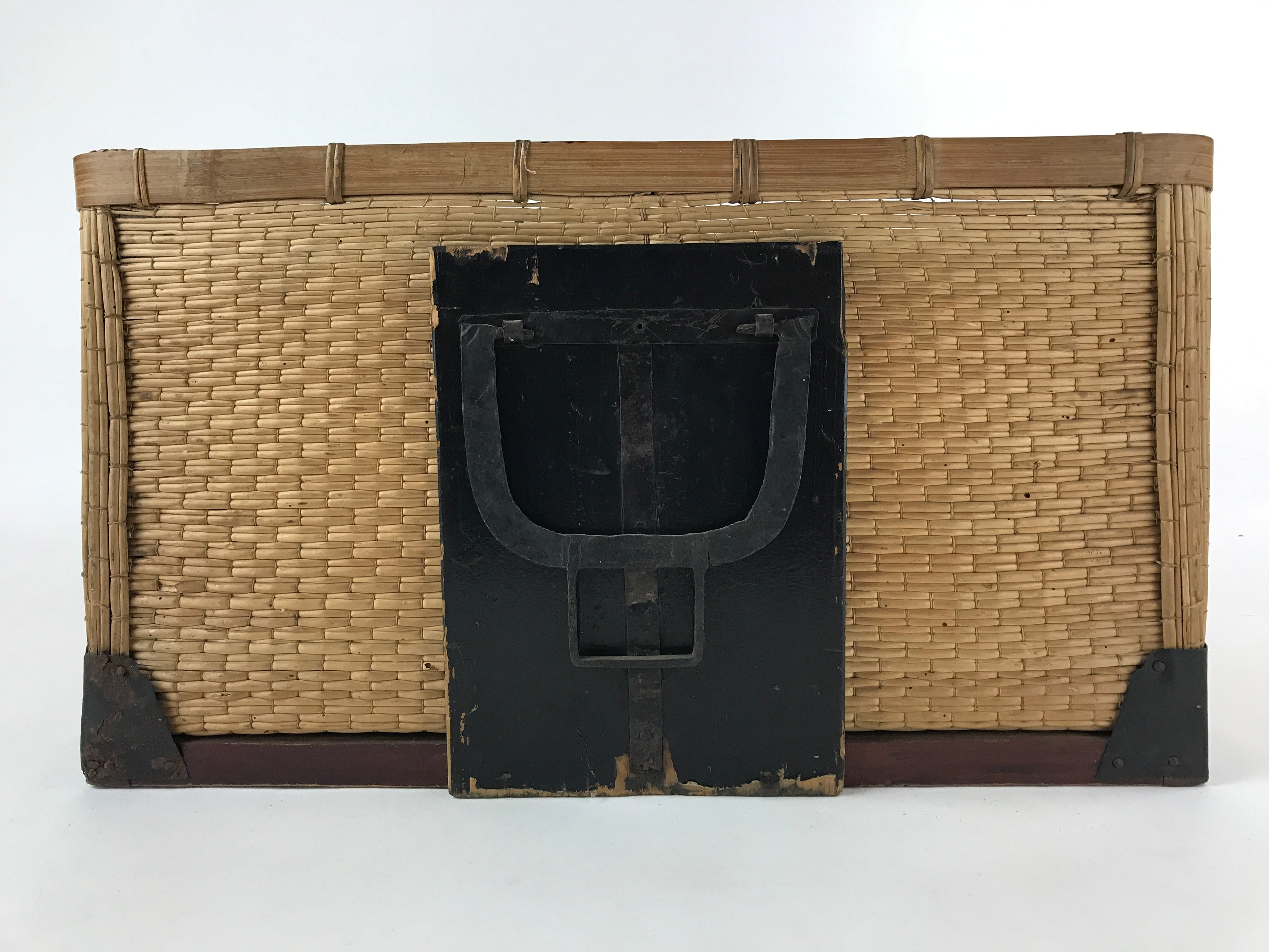 Japanese Bamboo Woven Storage Basket Vtg Traveler Chest Kago Iron Handles B221