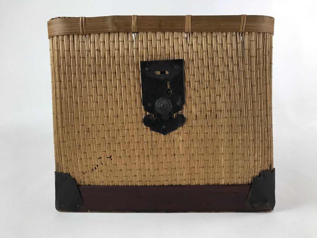 Japanese Bamboo Woven Storage Basket Vtg Traveler Chest Kago Iron Handles B221