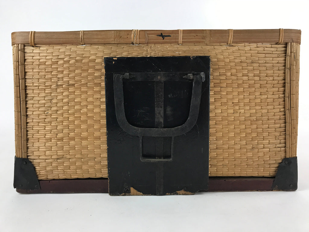 Japanese Bamboo Woven Storage Basket Vtg Traveler Chest Kago Iron Handles B221