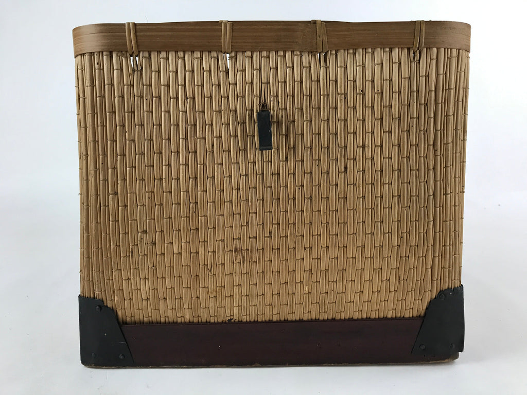Japanese Bamboo Woven Storage Basket Vtg Traveler Chest Kago Iron Handles B221