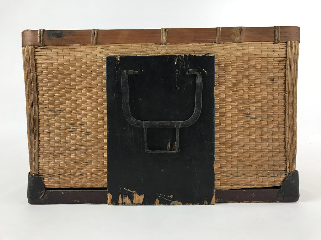 Japanese Bamboo Woven Storage Basket Vtg Traveler Chest Kago Iron Handles B222