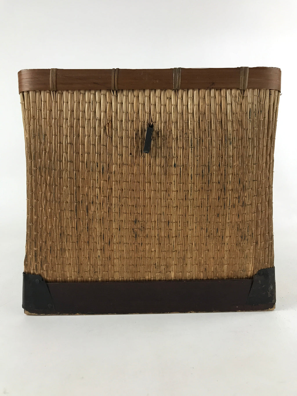Japanese Bamboo Woven Storage Basket Vtg Traveler Chest Kago Iron Handles B222