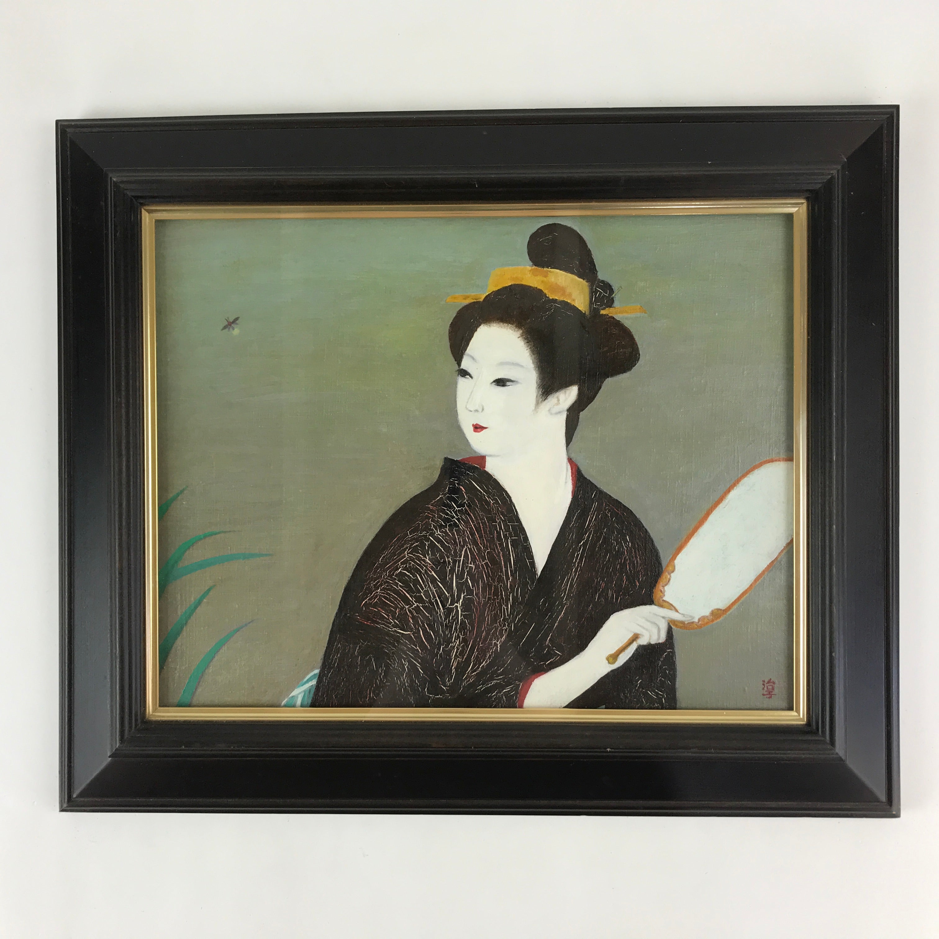 Japanese Beautiful Kimono Woman Oil Painting Framed Vtg Art Geisha Haruko FR2